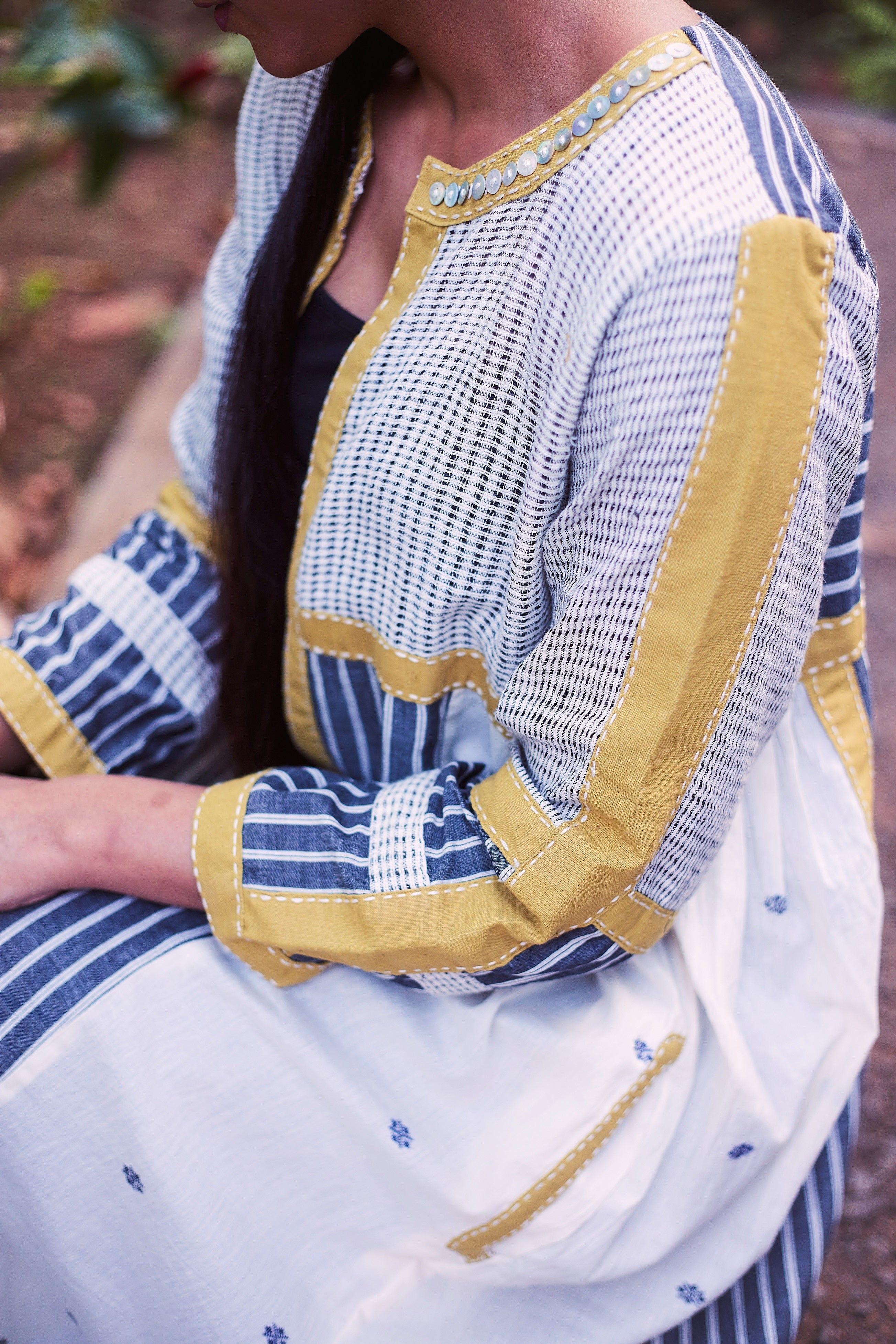 Ivory-Mustard Morna Ankle Length Cotton Jacket - Side Detail Image