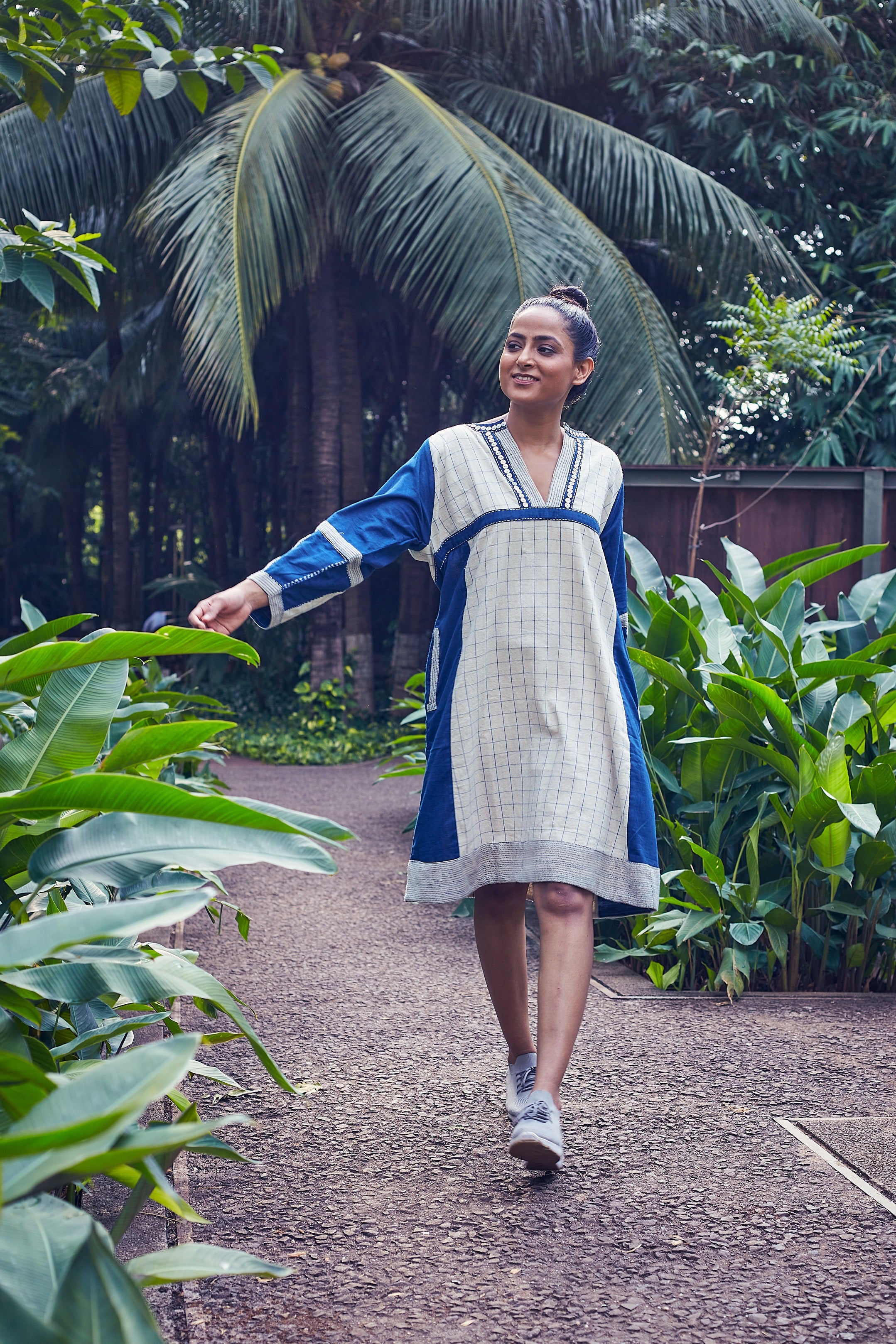 Ivory-Blue Tapi Knee Length Cotton Dress - Front Image