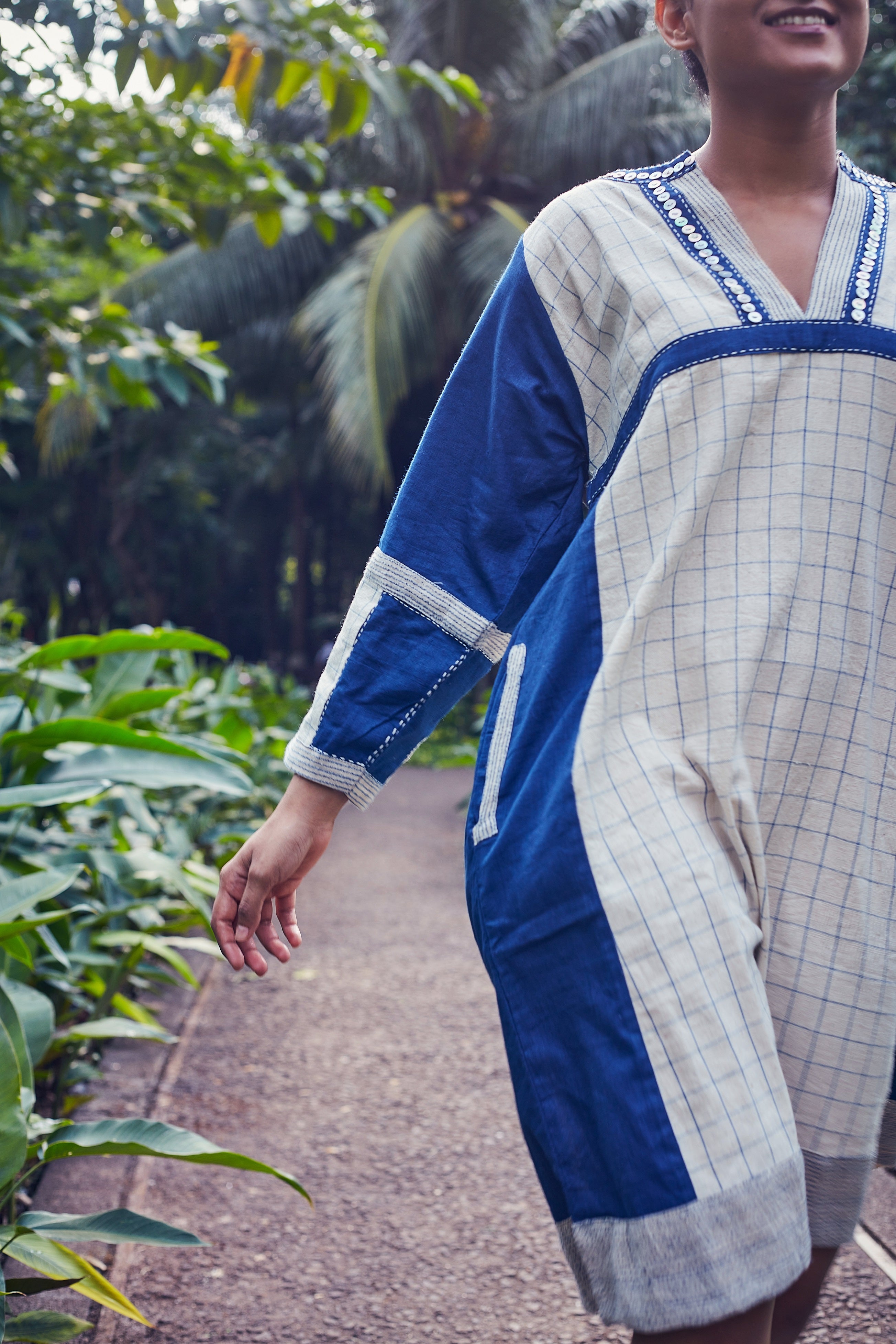 Ivory-Blue Tapi Knee Length Cotton Dress - Side Detail Image