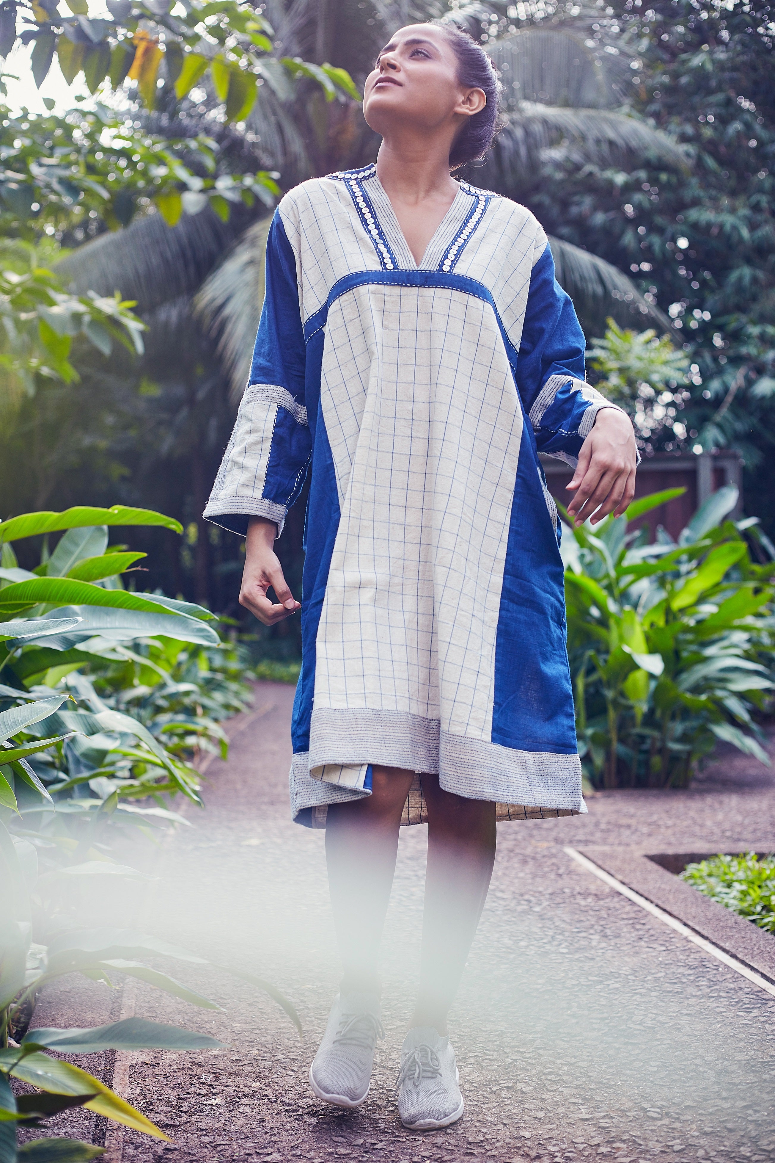 Ivory-Blue Tapi Knee Length Cotton Dress - Styled Image