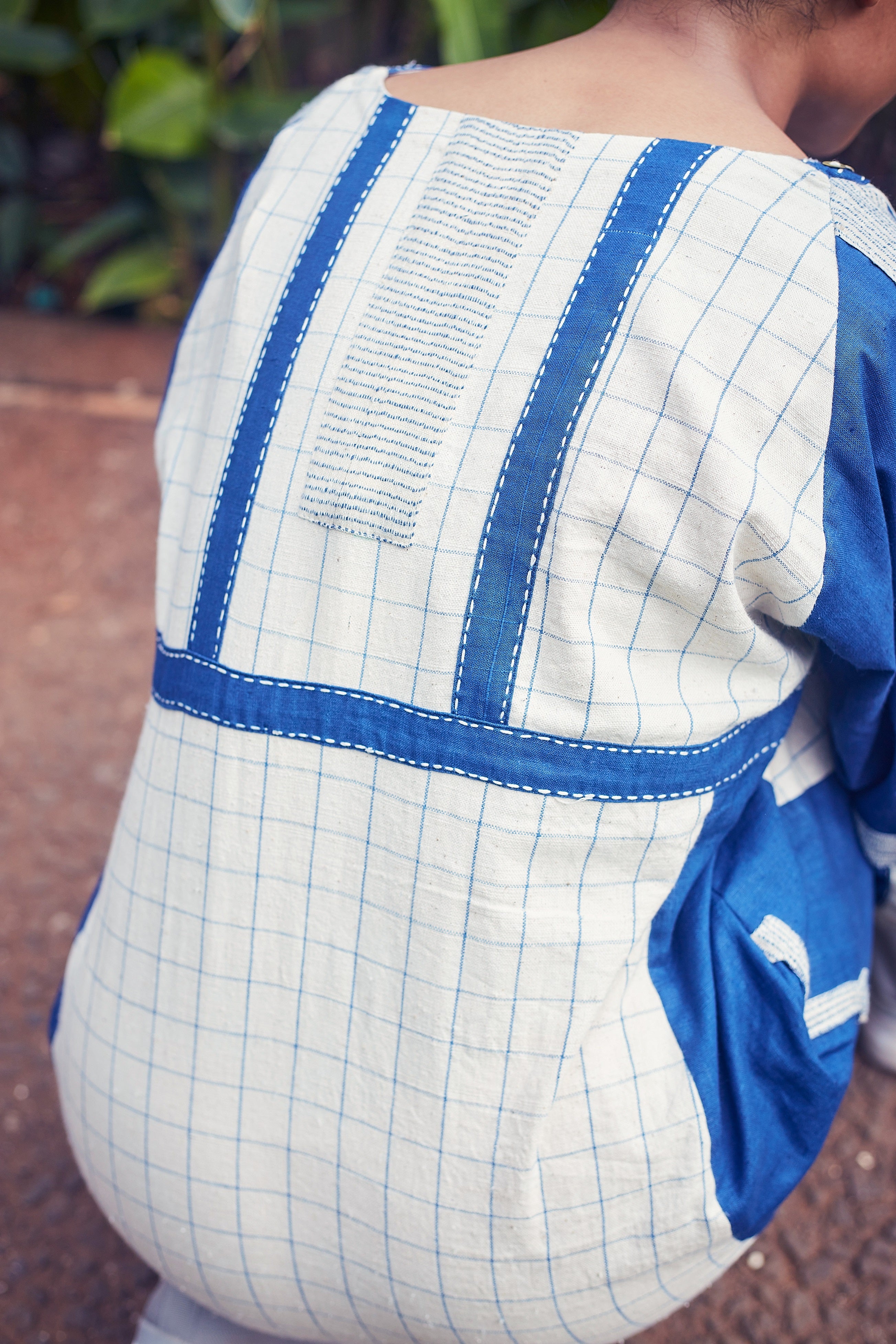 Ivory-Blue Tapi Knee Length Cotton Dress - Back Detail Image