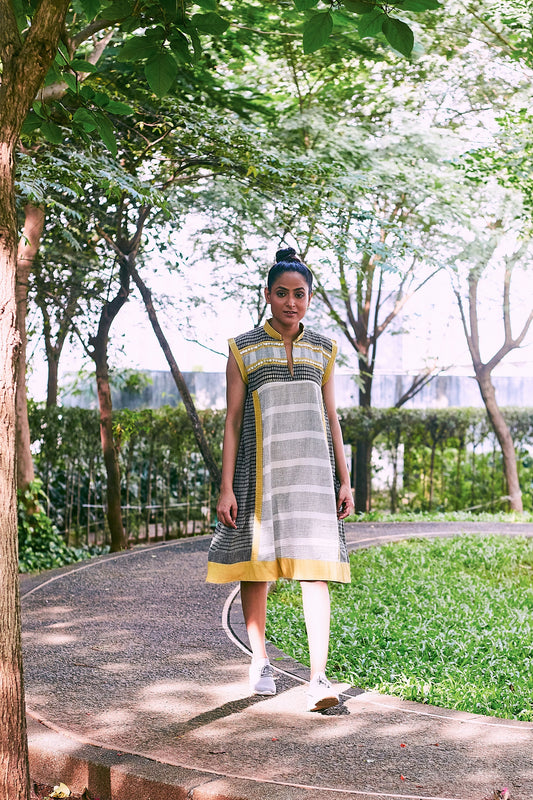 Grey-Mustard Kosi Sleeveless Cotton Dress - Front Image