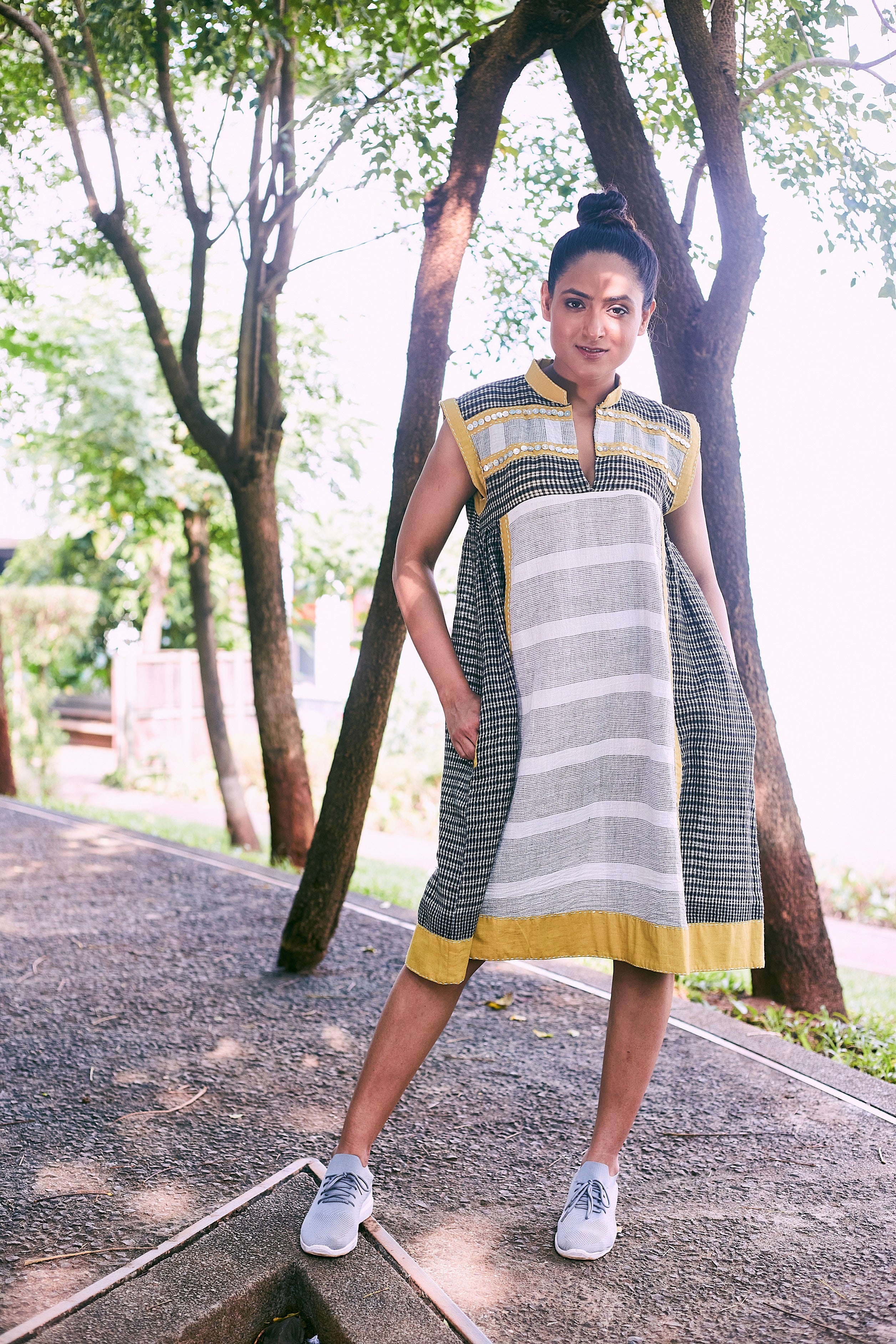 Grey-Mustard Kosi Sleeveless Cotton Dress - Front Image
