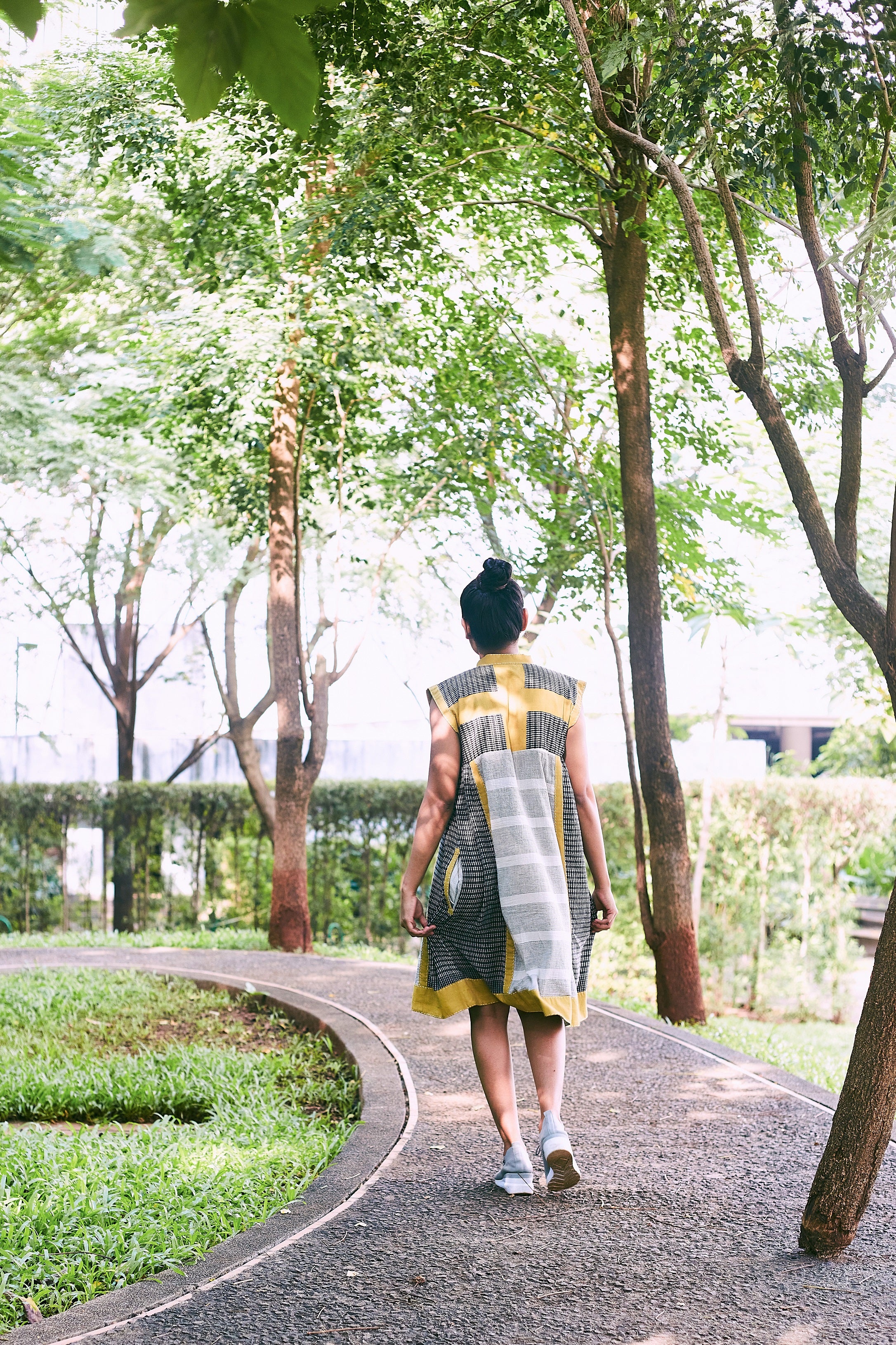 Grey-Mustard Kosi Sleeveless Cotton Dress - Back Image