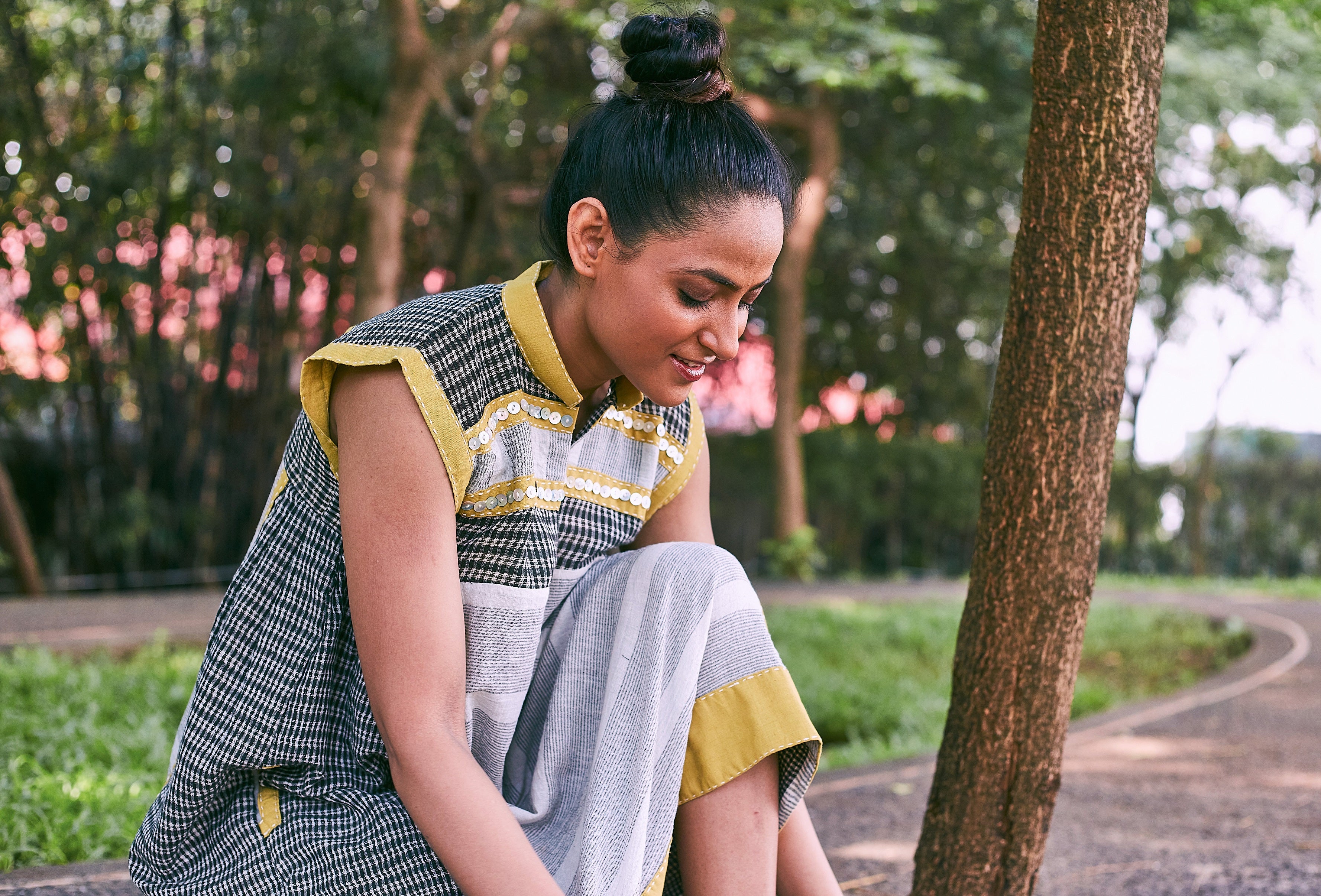 Grey-Mustard Kosi Sleeveless Cotton Dress - Front Detail Image
