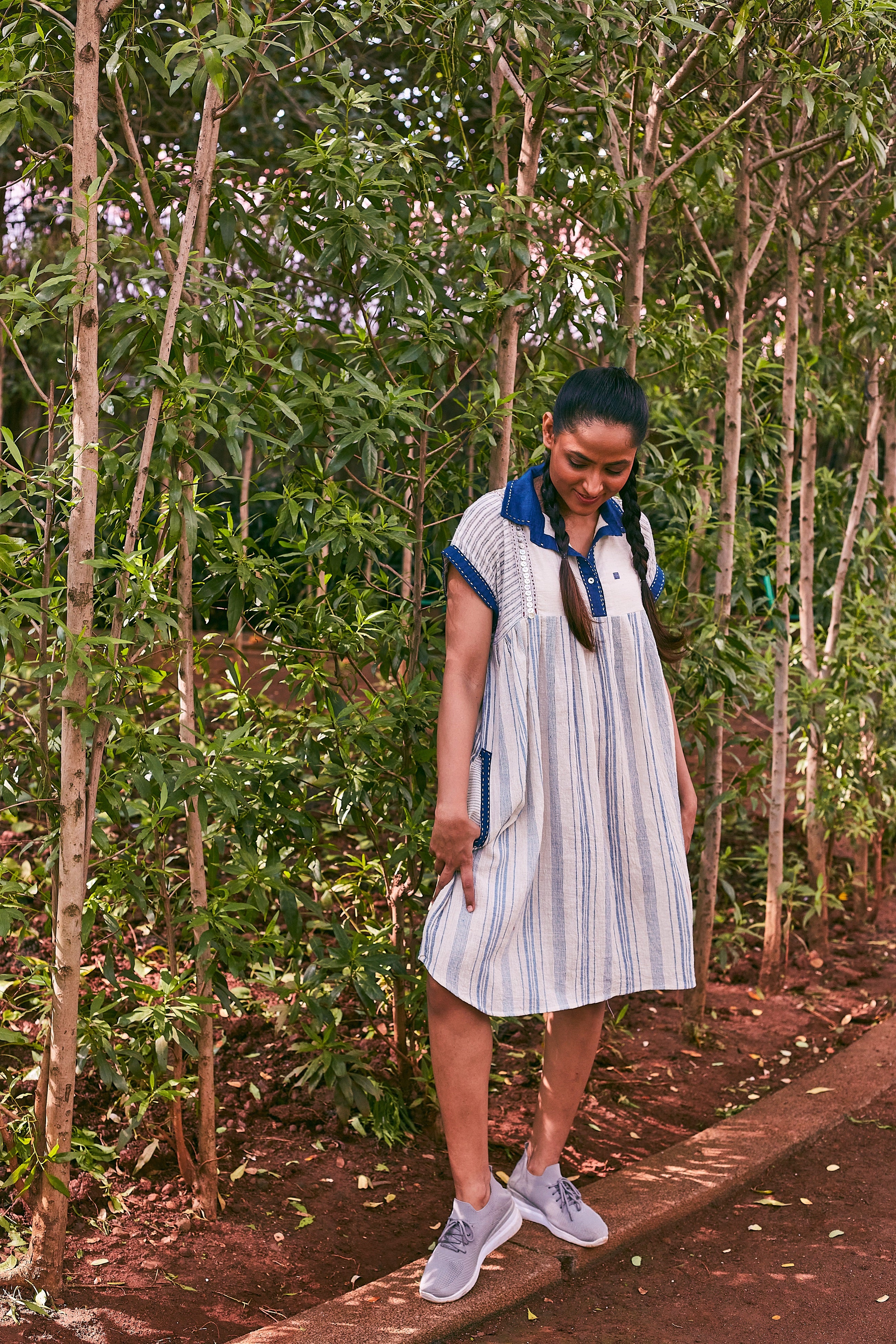 Ivory-Blue Sarayu Collar Neck Cotton Dress - Styled Image