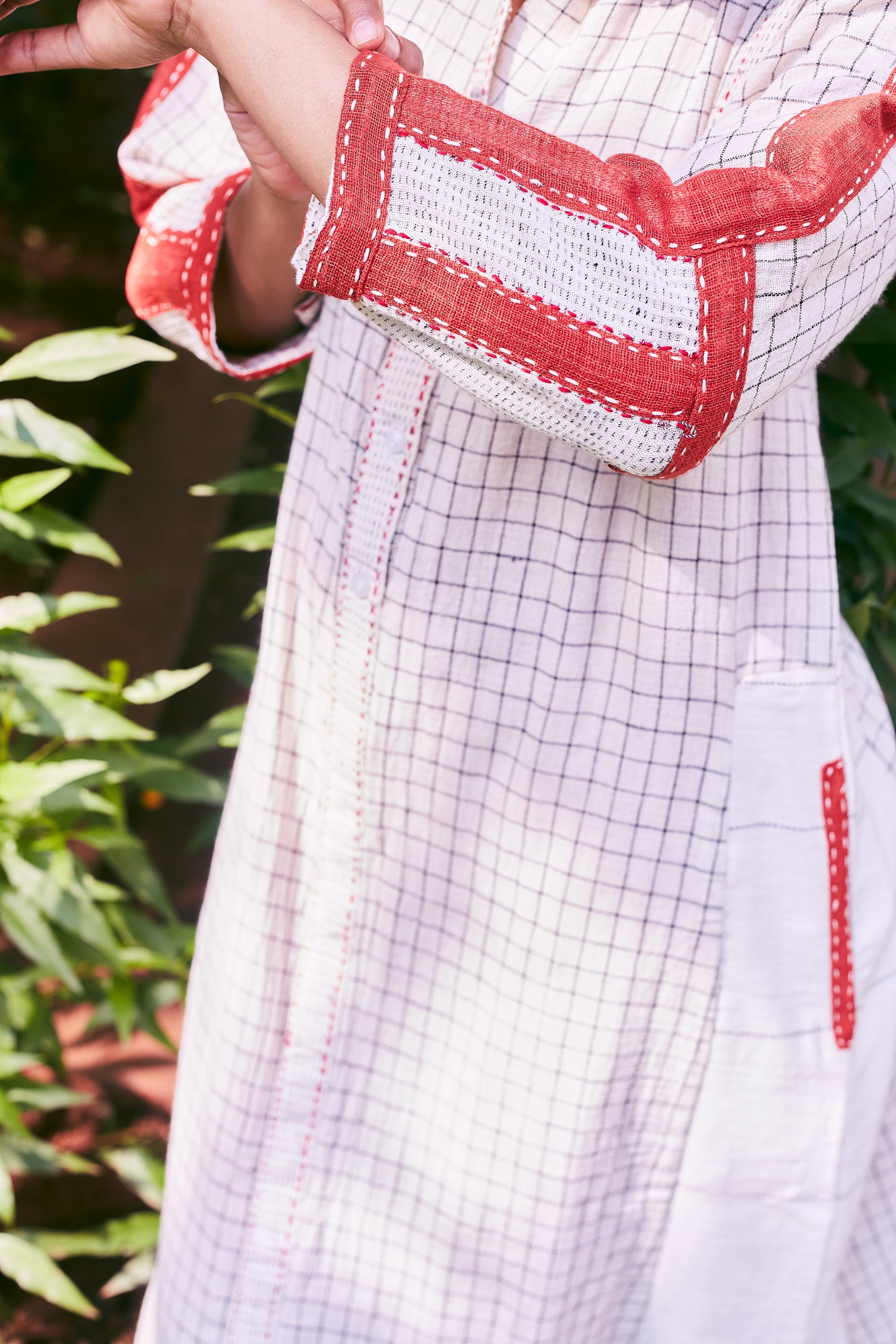 Ivory-Red Teesta Cotton Patchwork Dress - Sleeve Detail Image