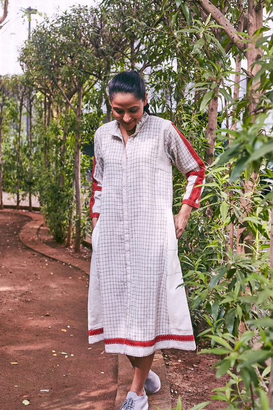 Ivory-Red Teesta Cotton Patchwork Dress - Front Image