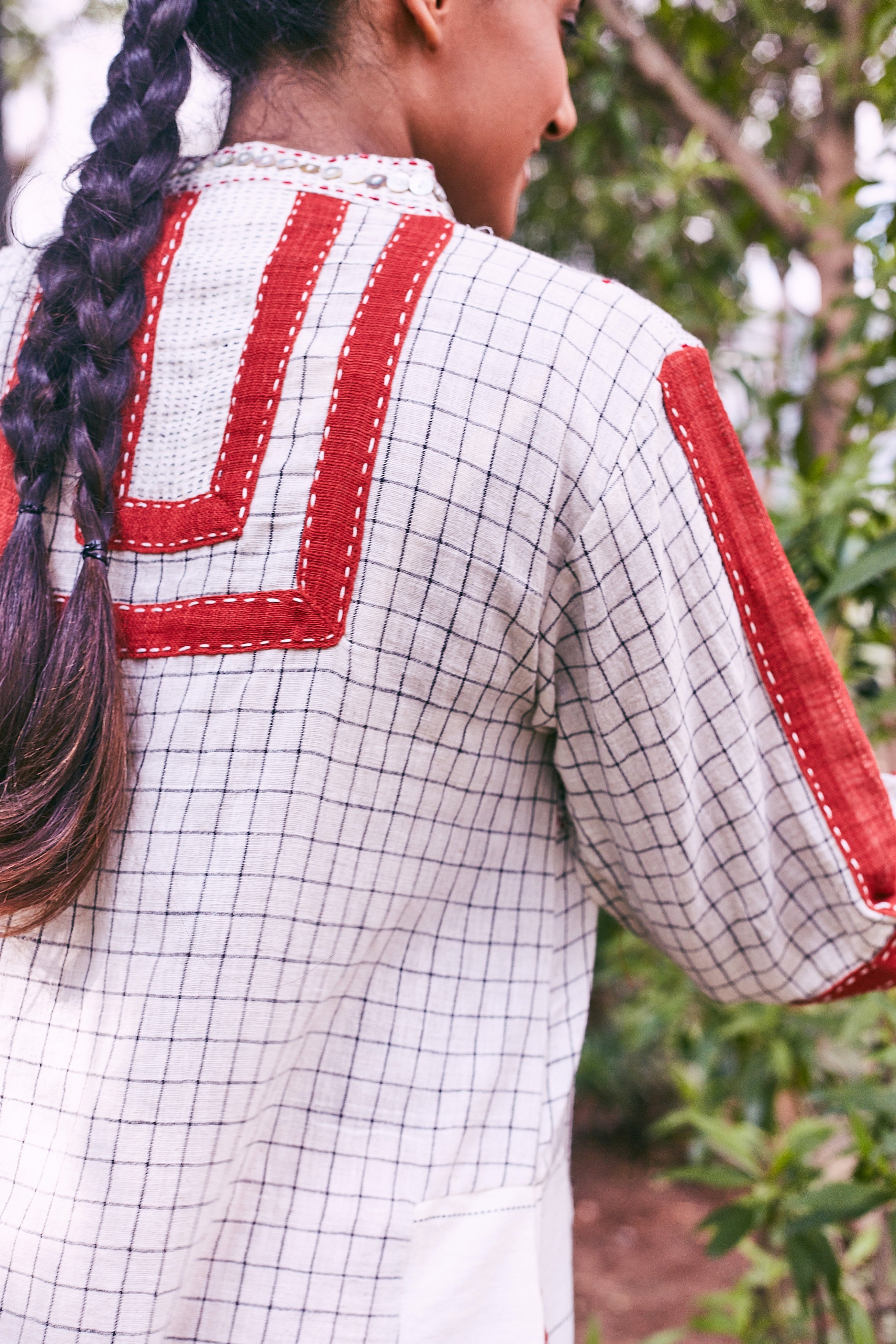 Ivory-Red Teesta Cotton Patchwork Dress - Back Detail Image