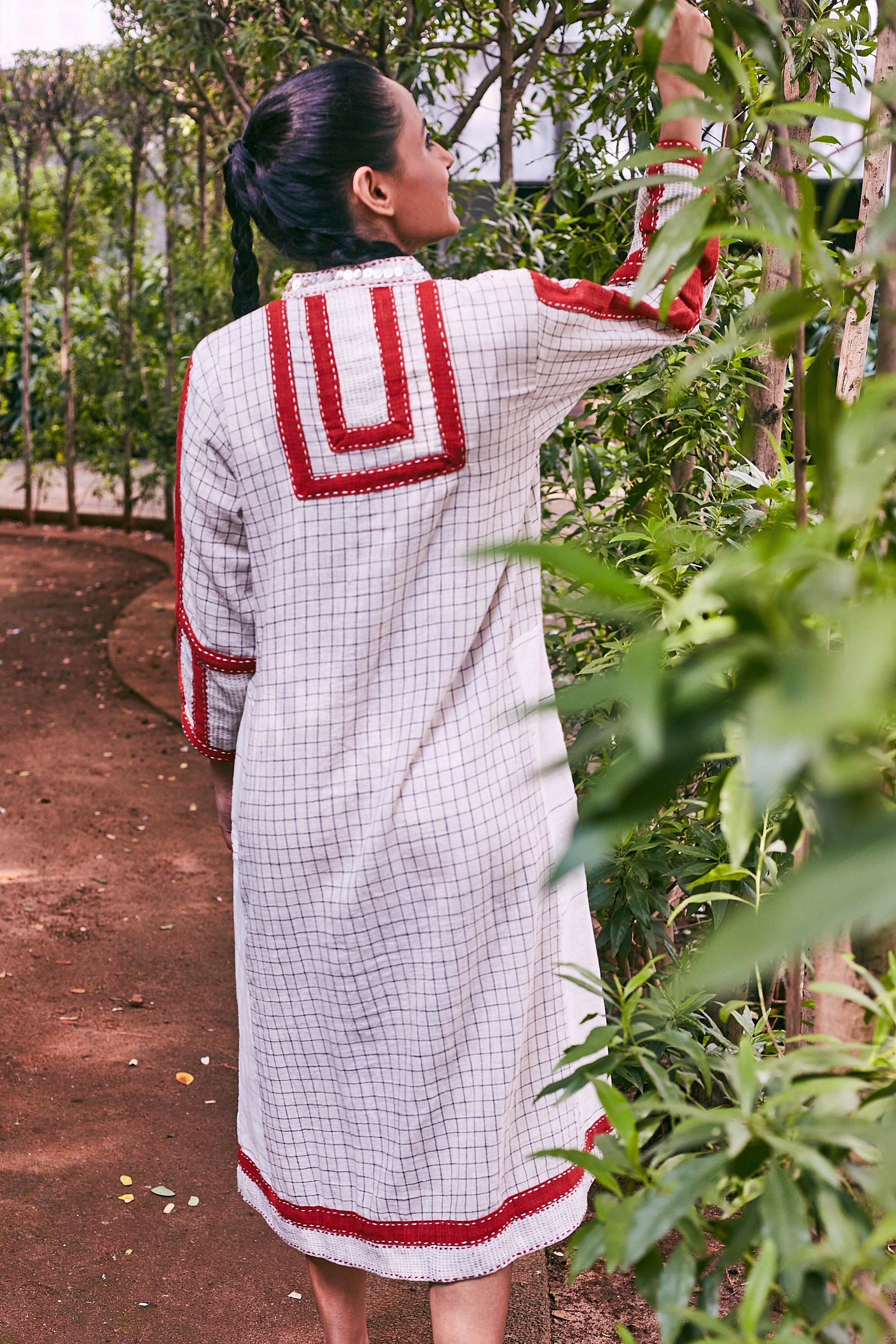 Ivory-Red Teesta Cotton Patchwork Dress - Back Image