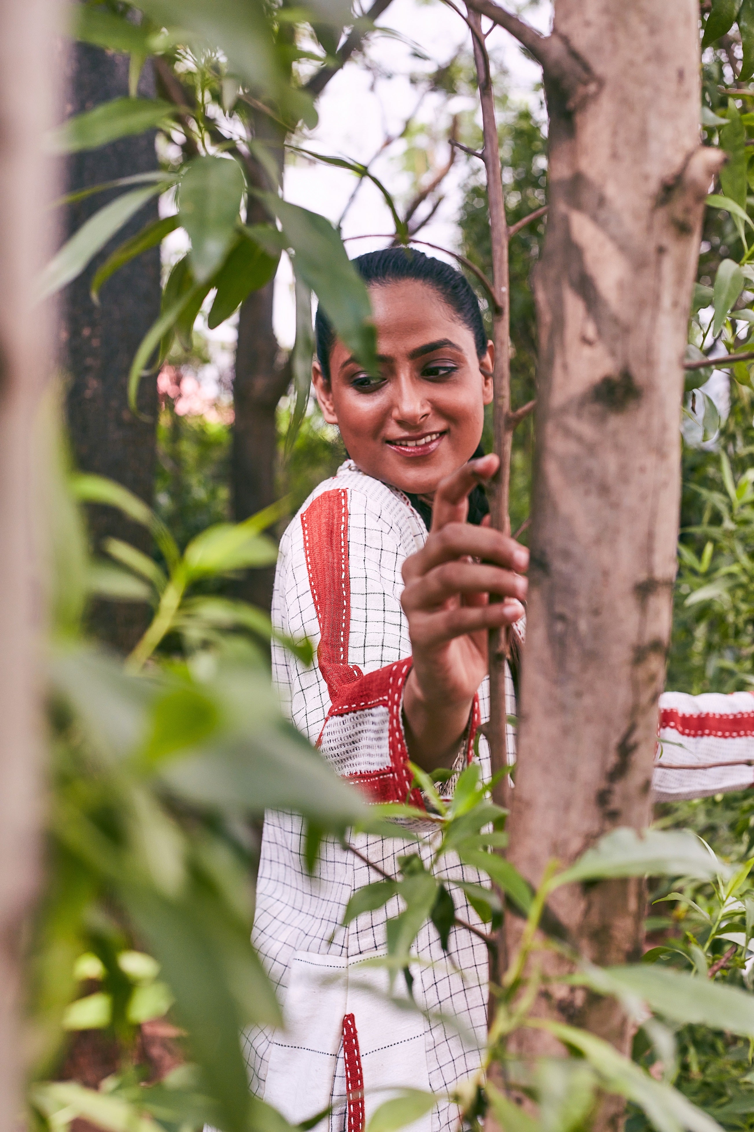 Ivory-Red Teesta Cotton Patchwork Dress - Styled Image
