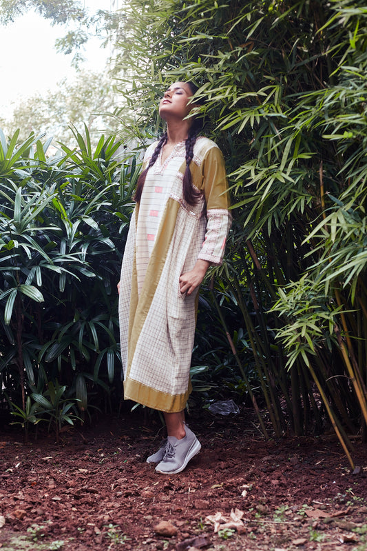 Ivory-Mustard Sina Loose Fit Cotton Dress - Styled Image