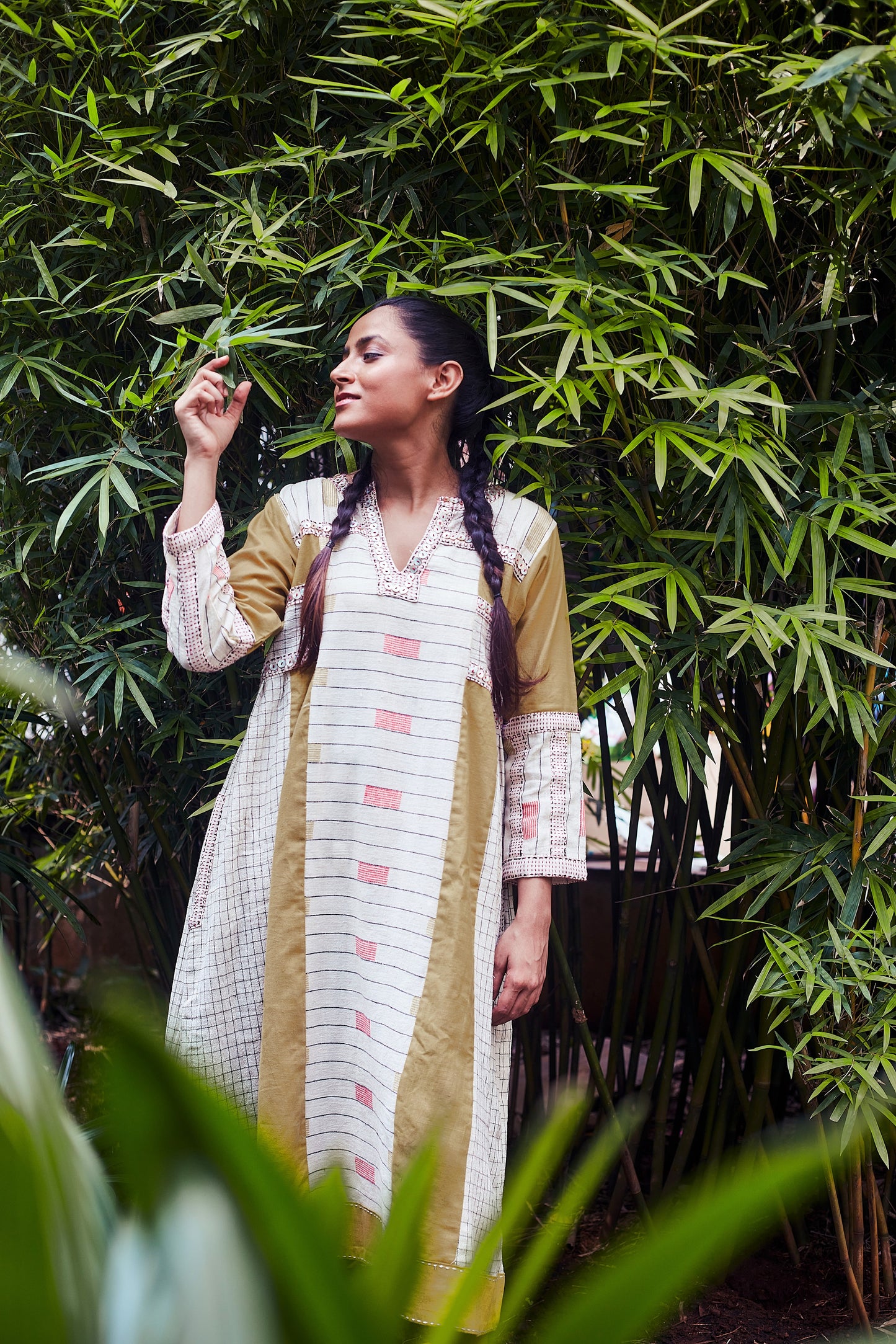 Ivory-Mustard Sina Loose Fit Cotton Dress - Front Image