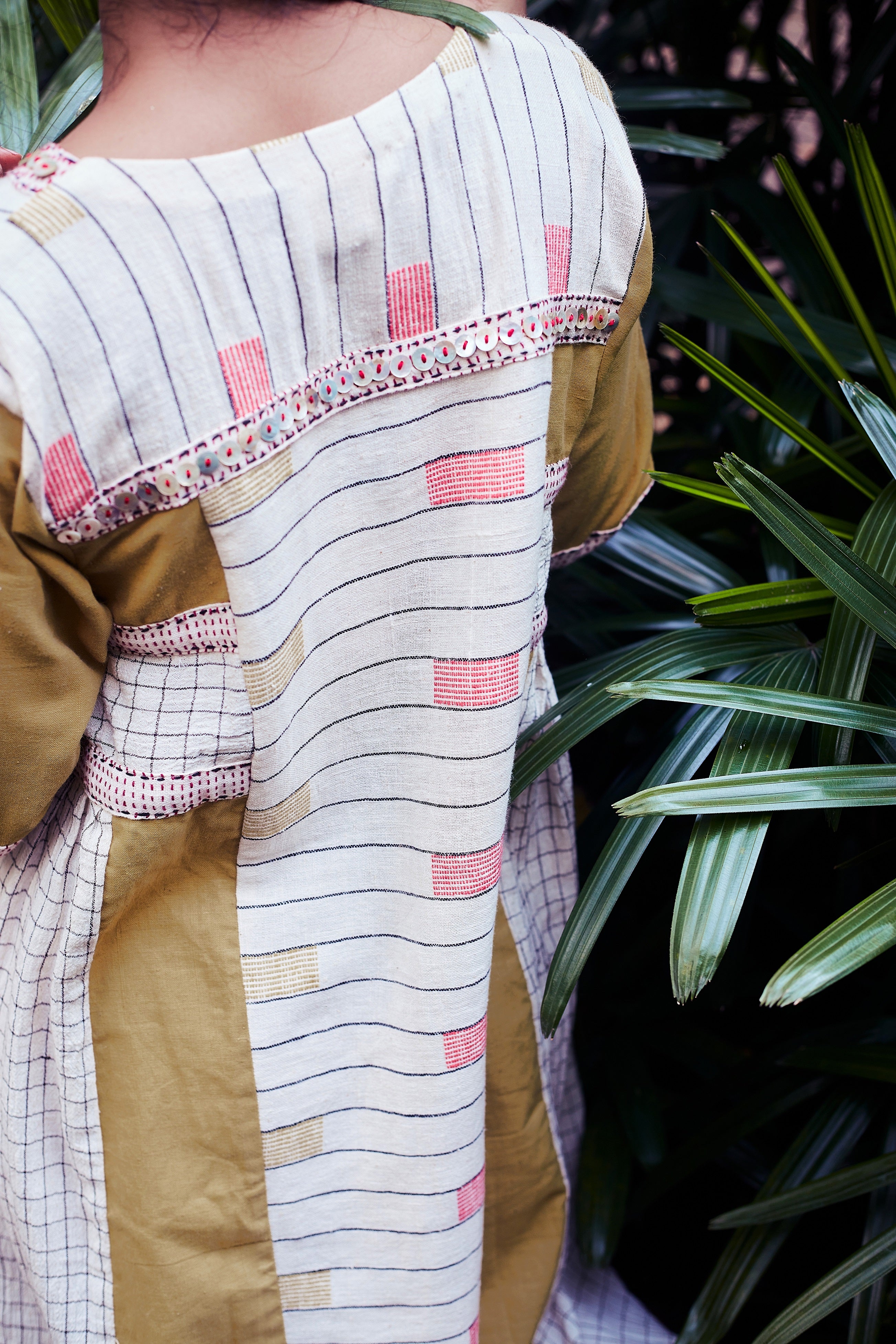 Ivory-Mustard Sina Loose Fit Cotton Dress - Back Detail Image