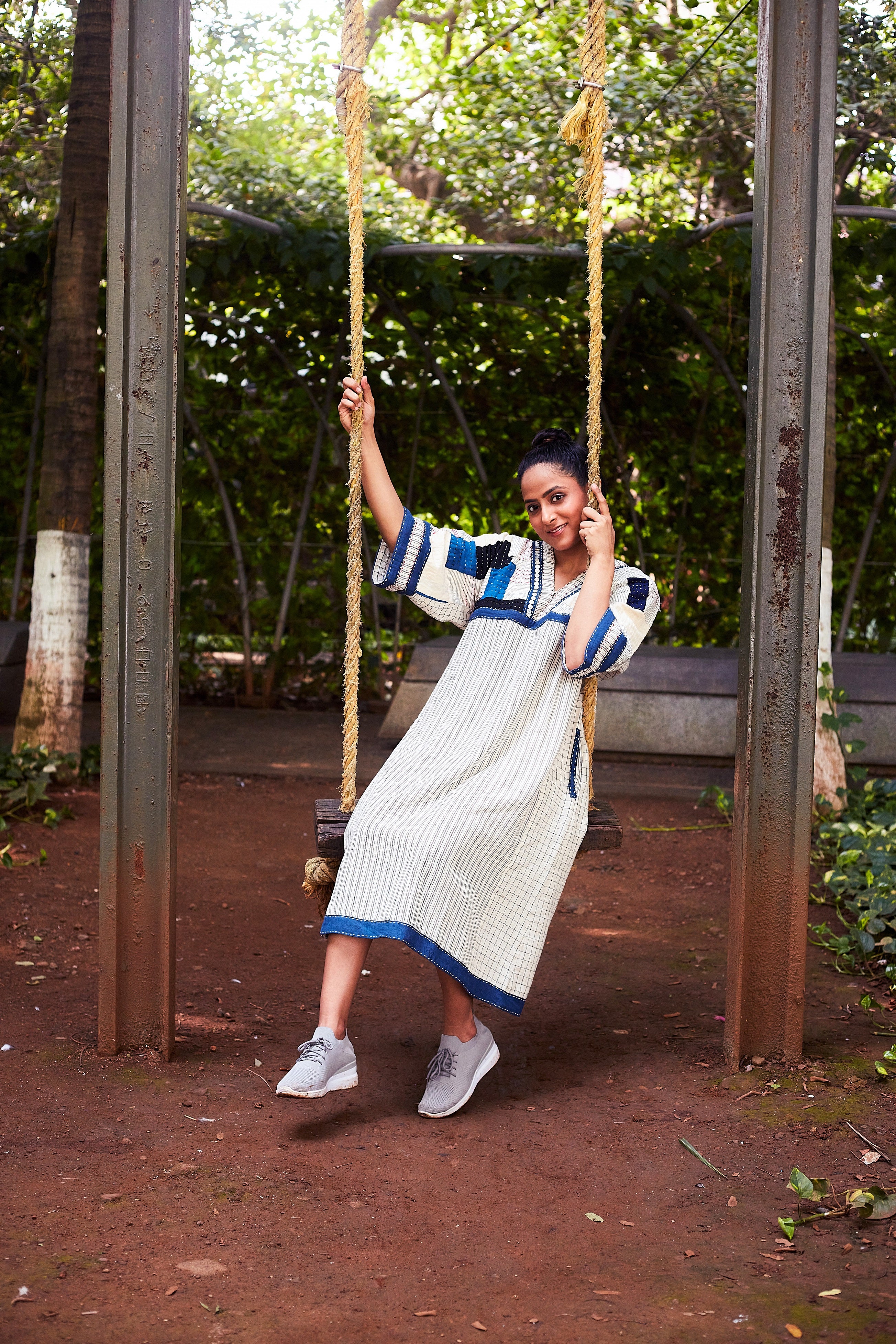 Ivory-Blue Nira Cotton Patchwork Dress - Styled Image