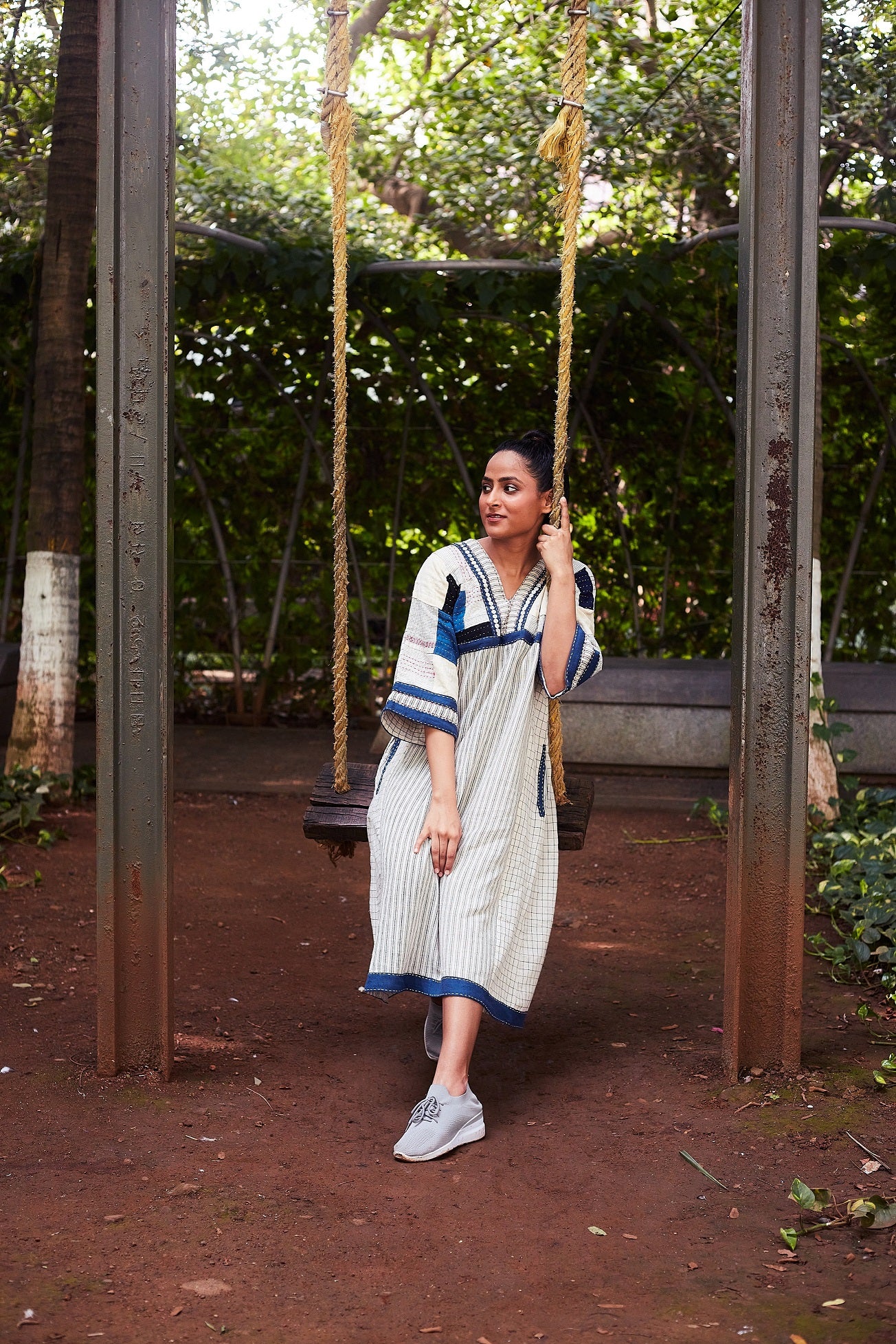 Ivory-Blue Nira Cotton Patchwork Dress - Styled Image