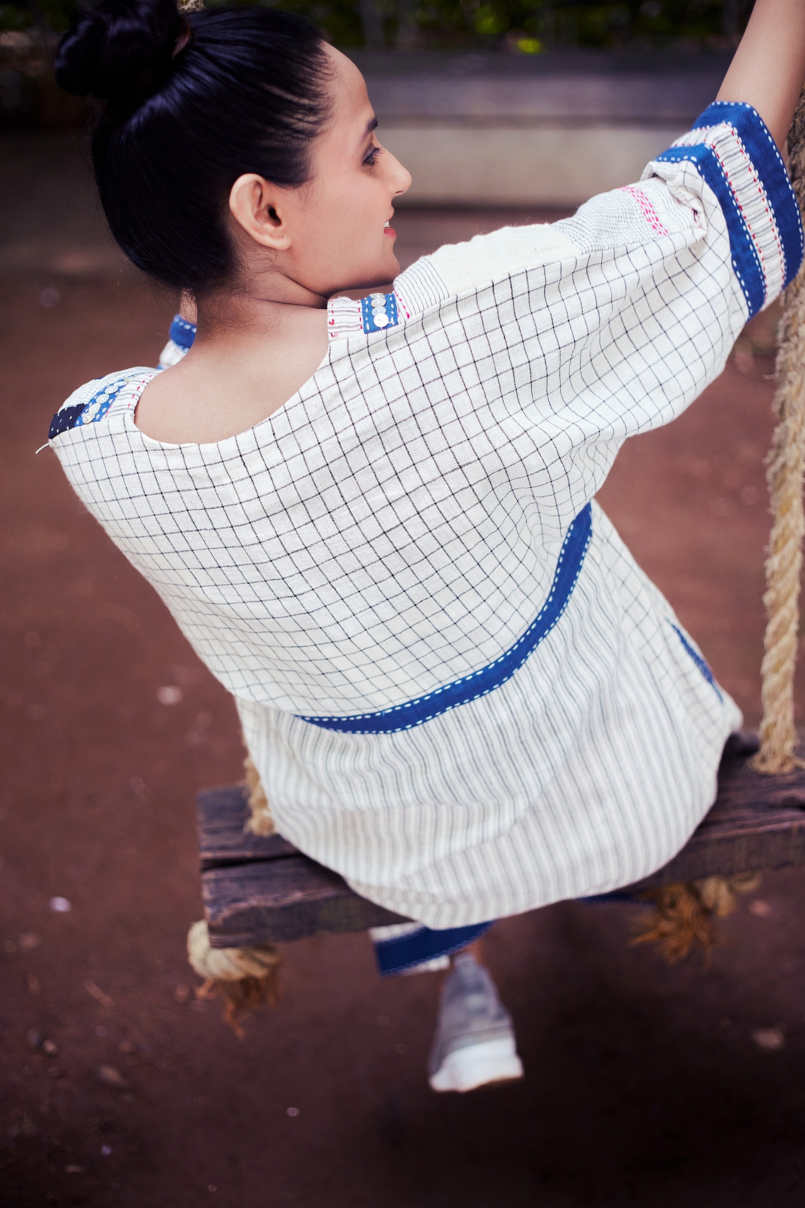 Ivory-Blue Nira Cotton Patchwork Dress - Back Detail Image