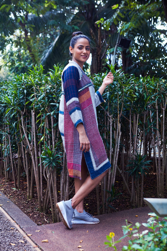 Grey-Blue Kaveri Ankle Length Cotton Dress - Side Image