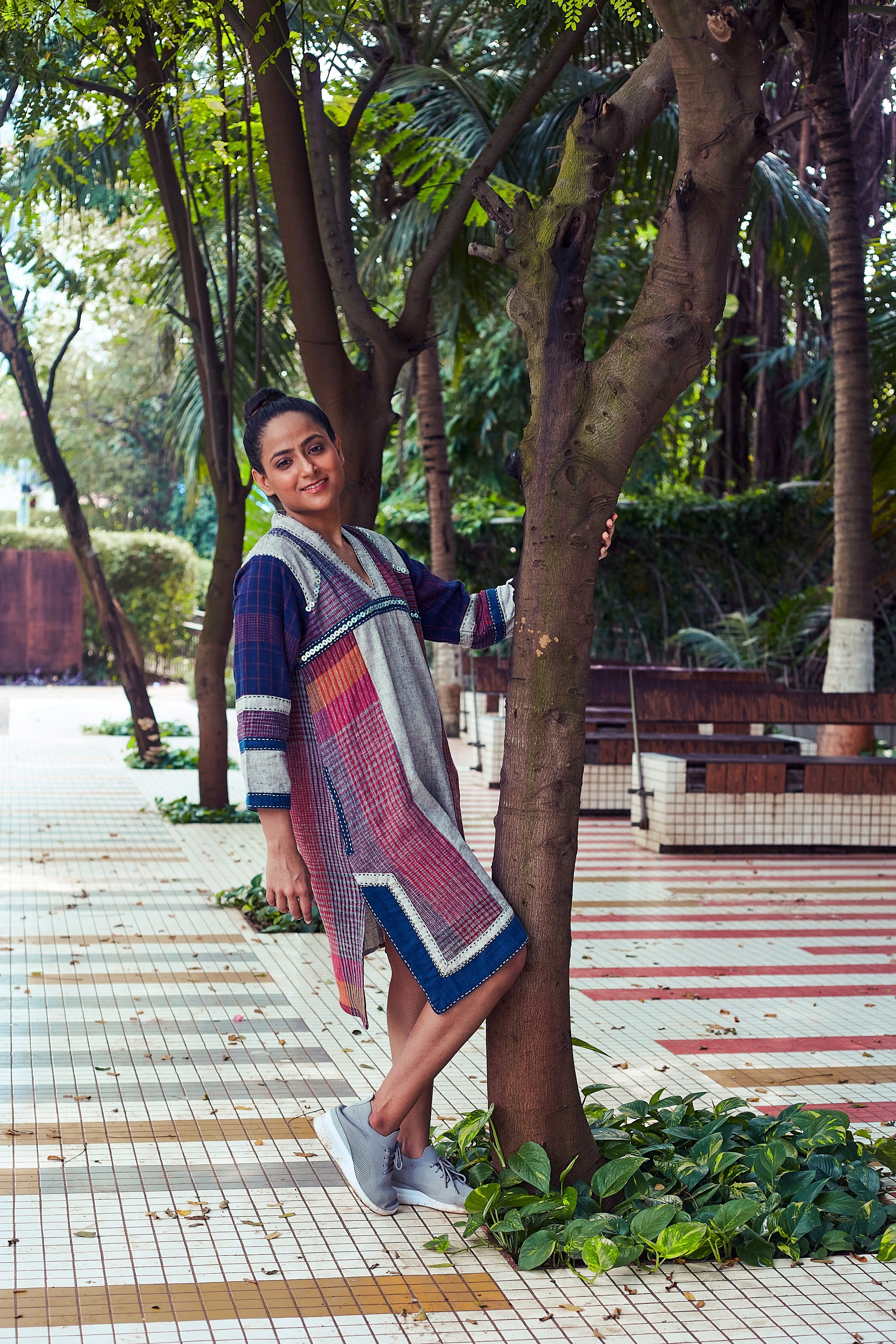 Grey-Blue Kaveri Ankle Length Cotton Dress - Styled Image