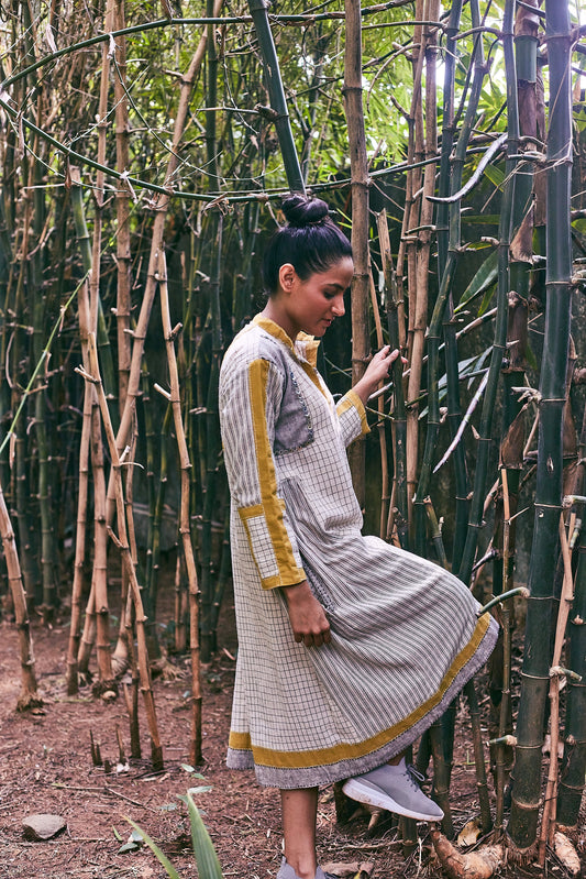 Ivory-Mustard Adyar Ankle Length Cotton Dress - Side Image
