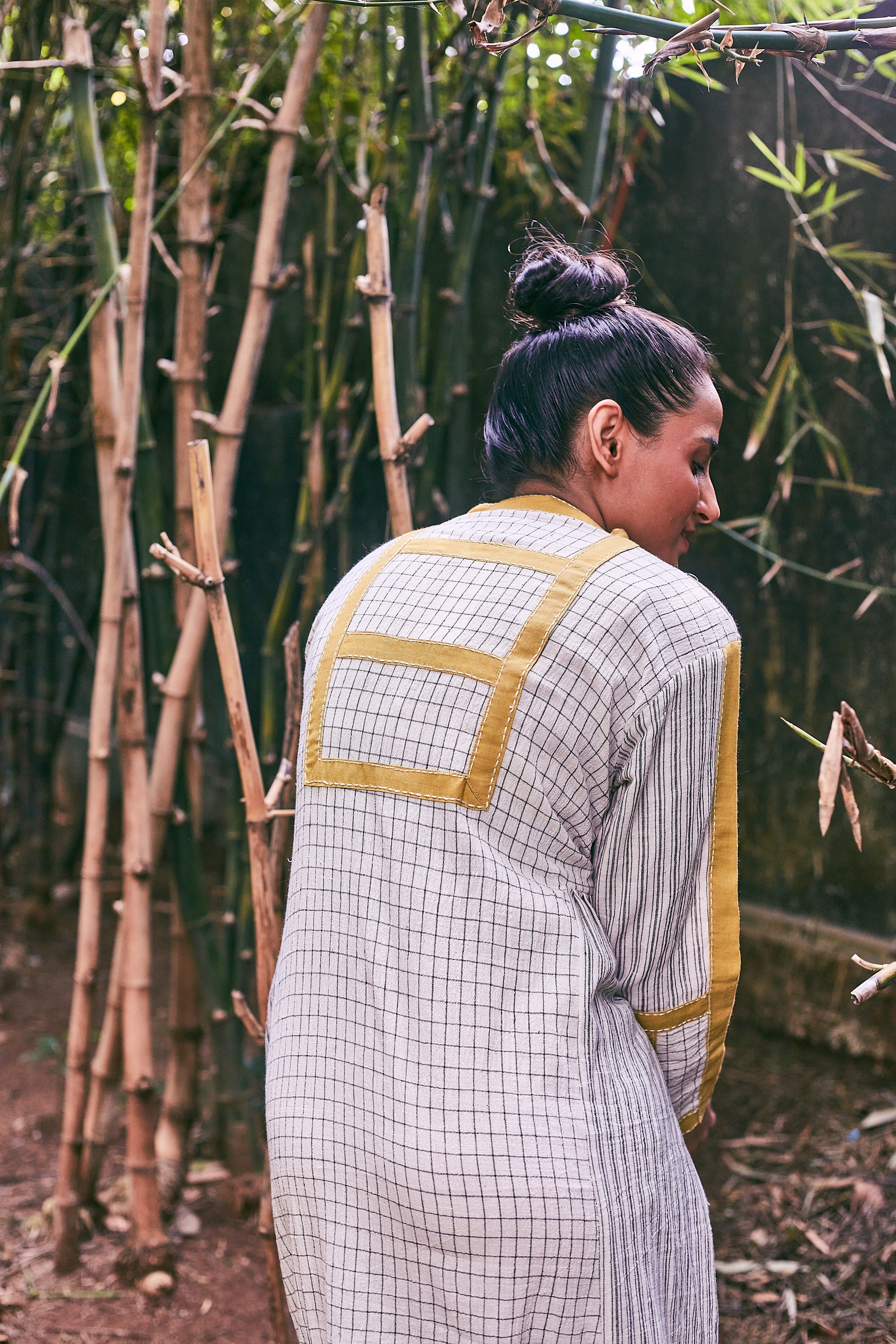 Ivory-Mustard Adyar Ankle Length Cotton Dress - Back Detail Image