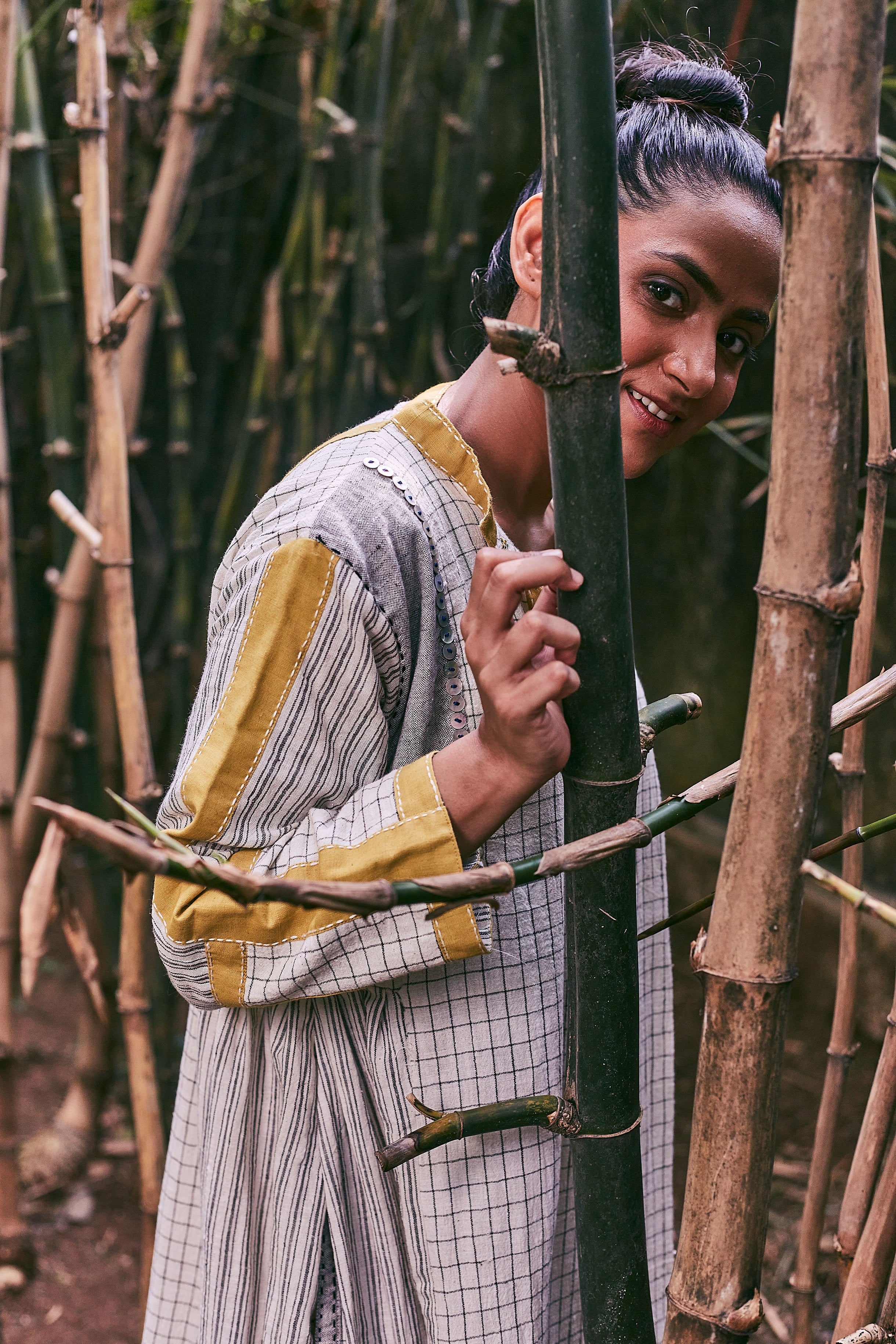 Ivory-Mustard Adyar Ankle Length Cotton Dress - Styled Image
