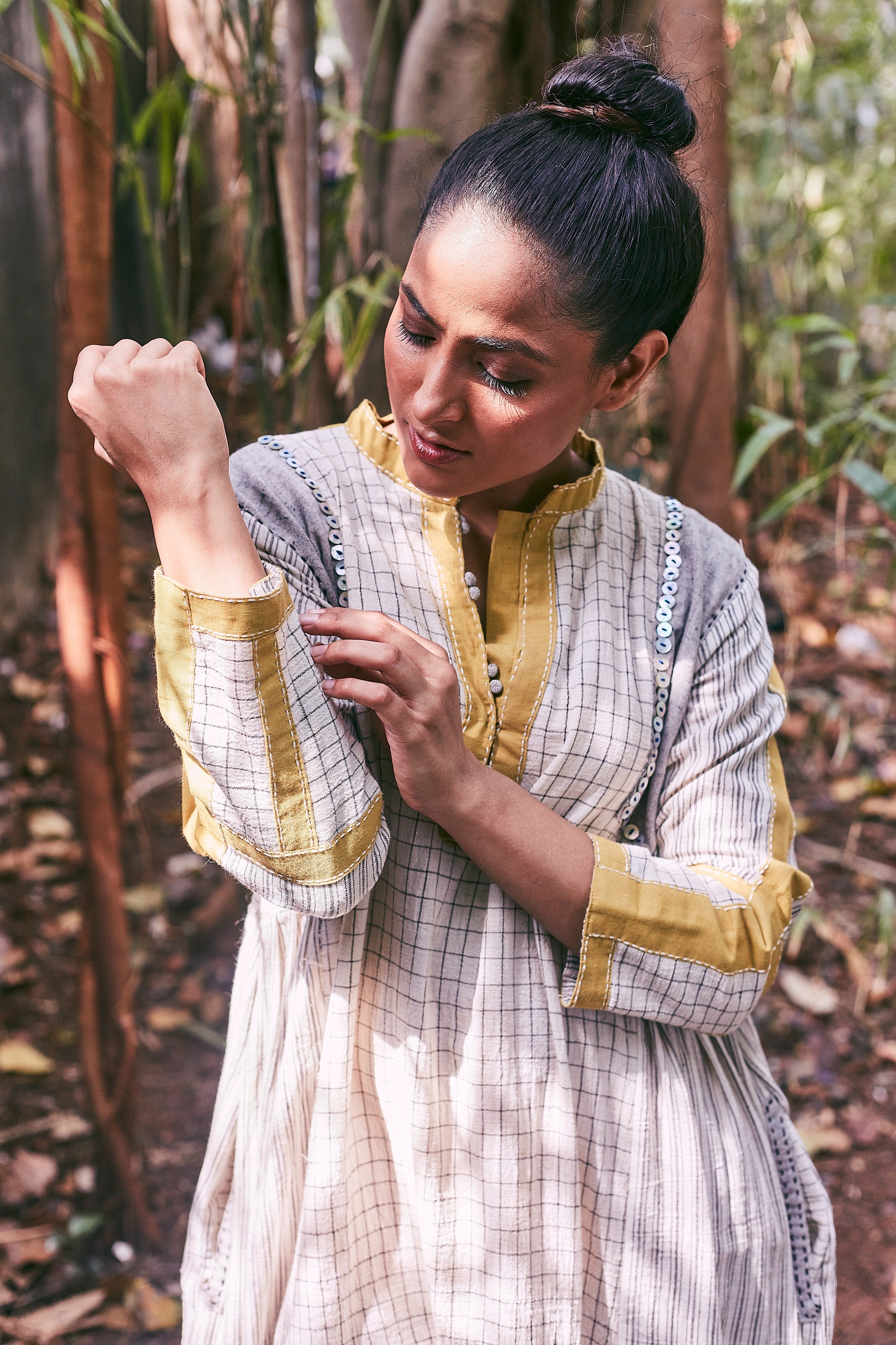 Ivory-Mustard Adyar Ankle Length Cotton Dress - Detail Image
