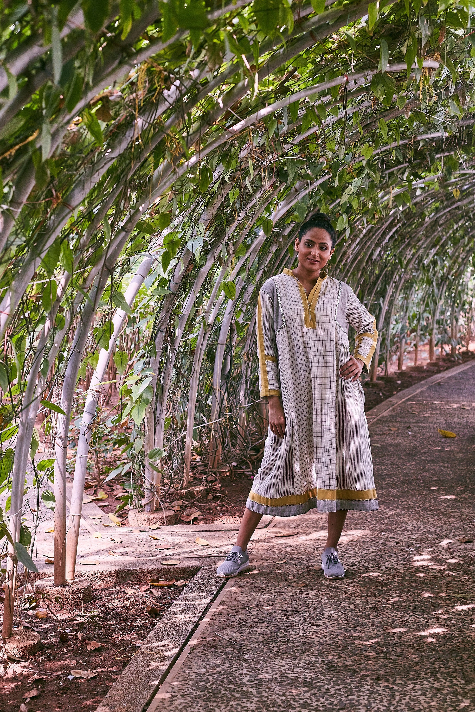 Ivory-Mustard Adyar Ankle Length Cotton Dress - Styled Image