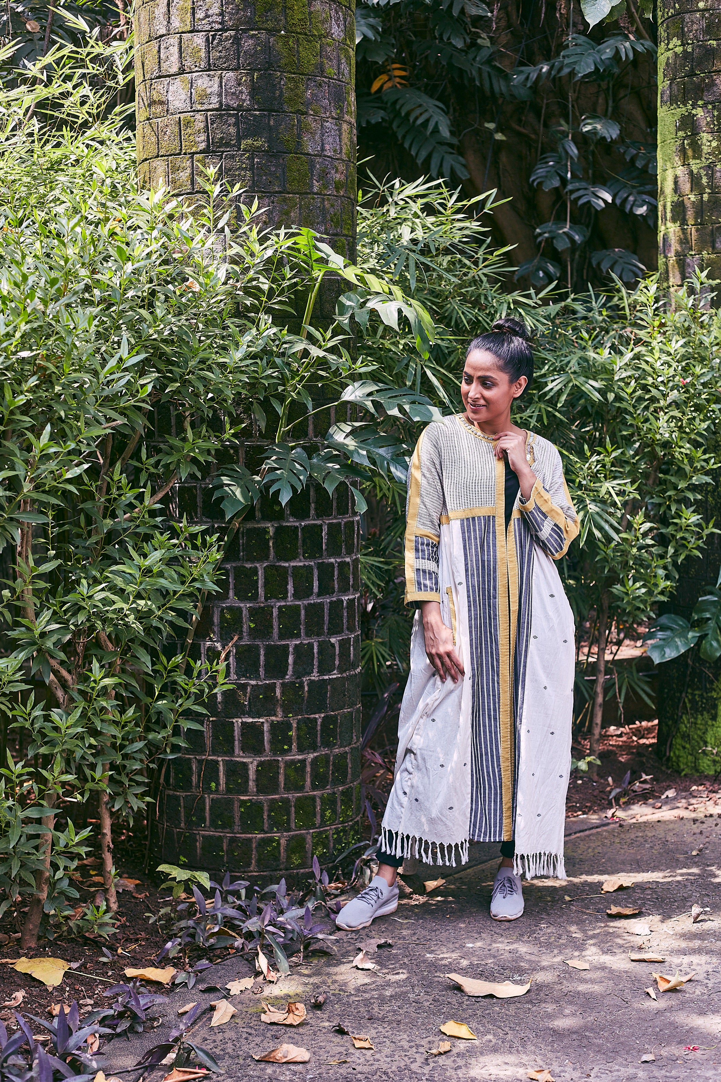 Ivory-Mustard Morna Ankle Length Cotton Jacket - Styled Image