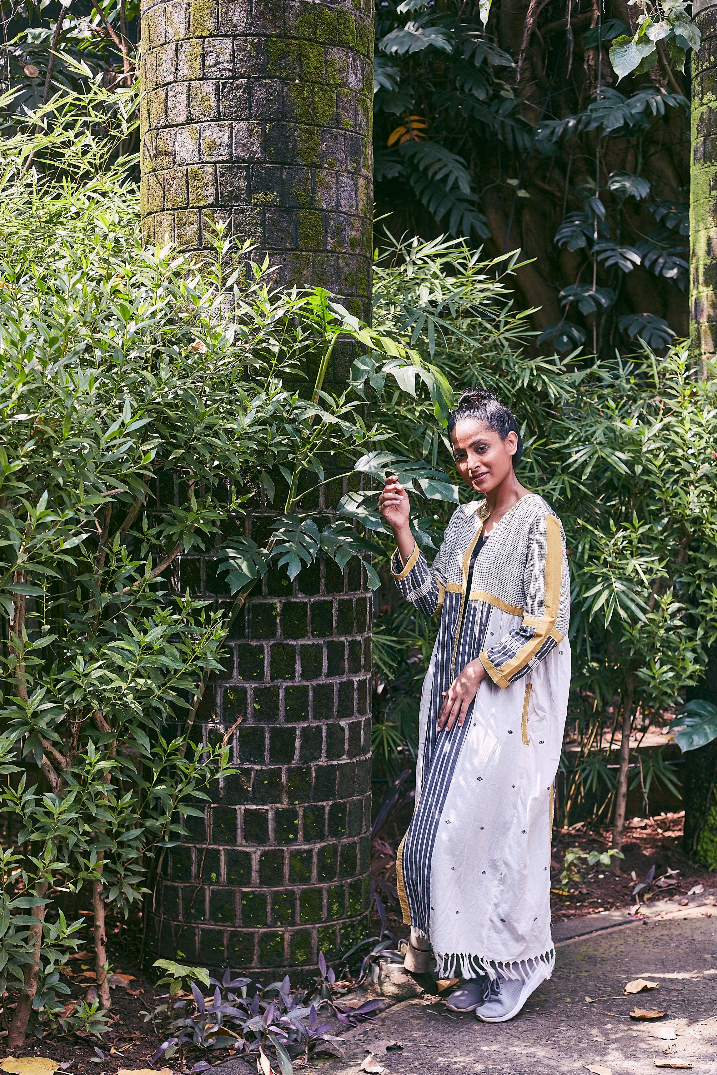 Ivory-Mustard Morna Ankle Length Cotton Jacket - Styled Image