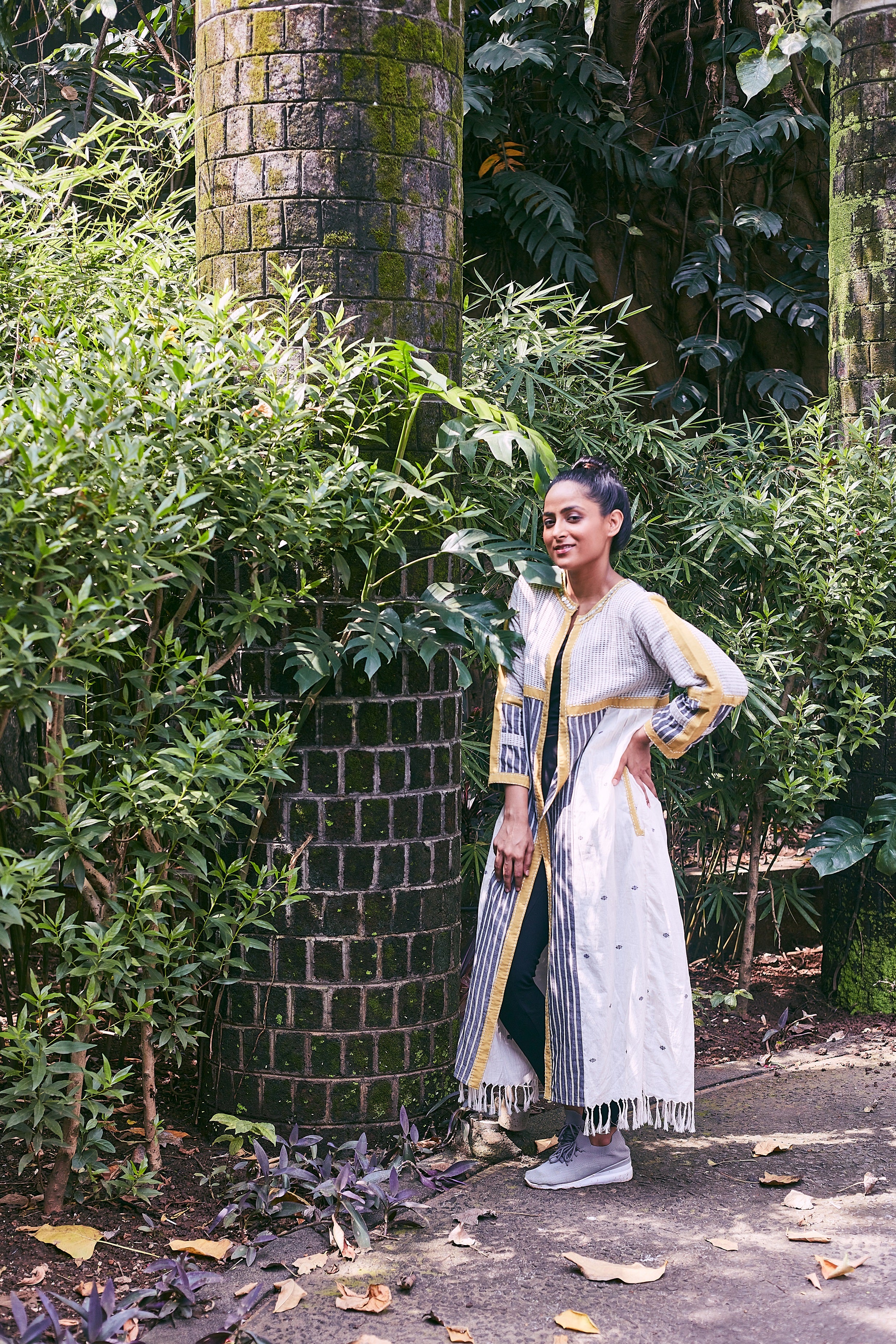 Ivory-Mustard Morna Ankle Length Cotton Jacket - Styled Image