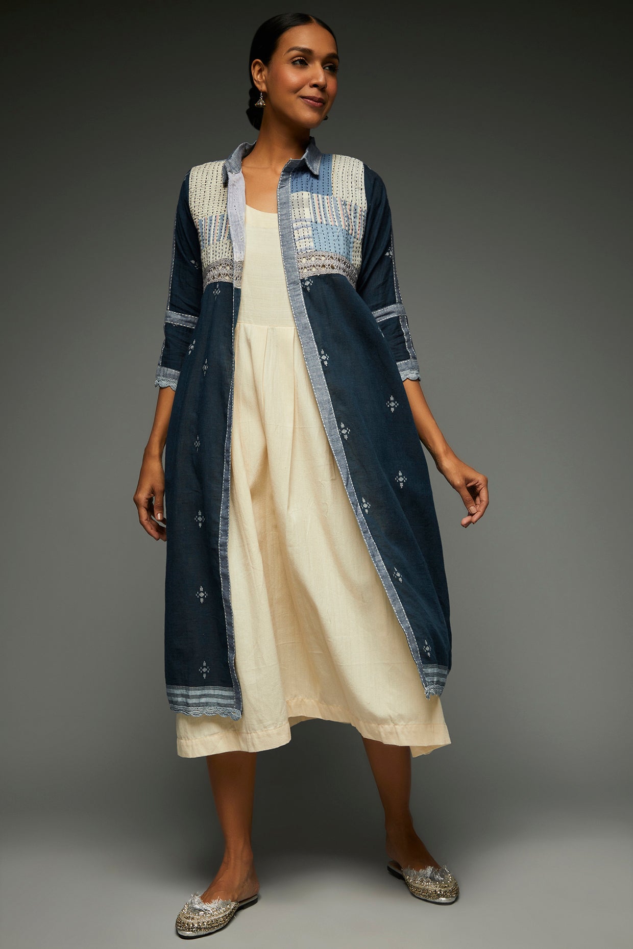 Arna Cobalt Jamdani Butti Long Jacket - Front Image
