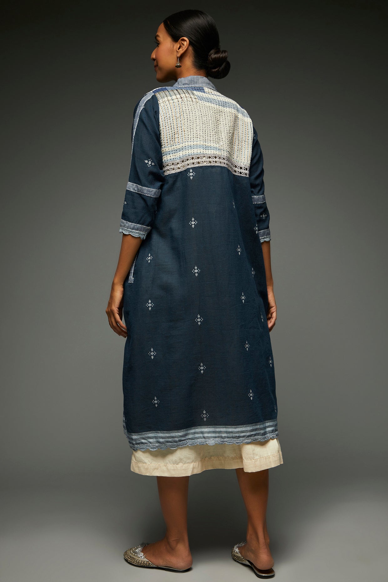 Arna Cobalt Jamdani Butti Long Jacket - Back Image