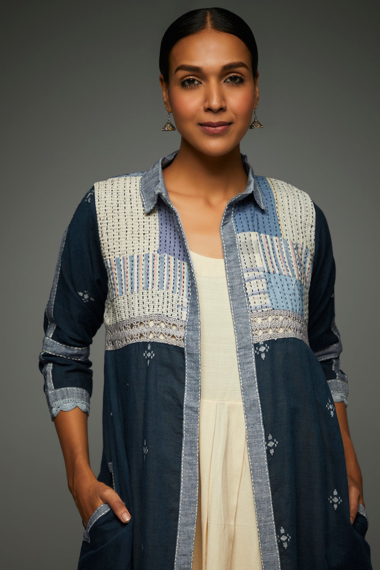 Arna Cobalt Jamdani Butti Long Jacket - Front Detail Image