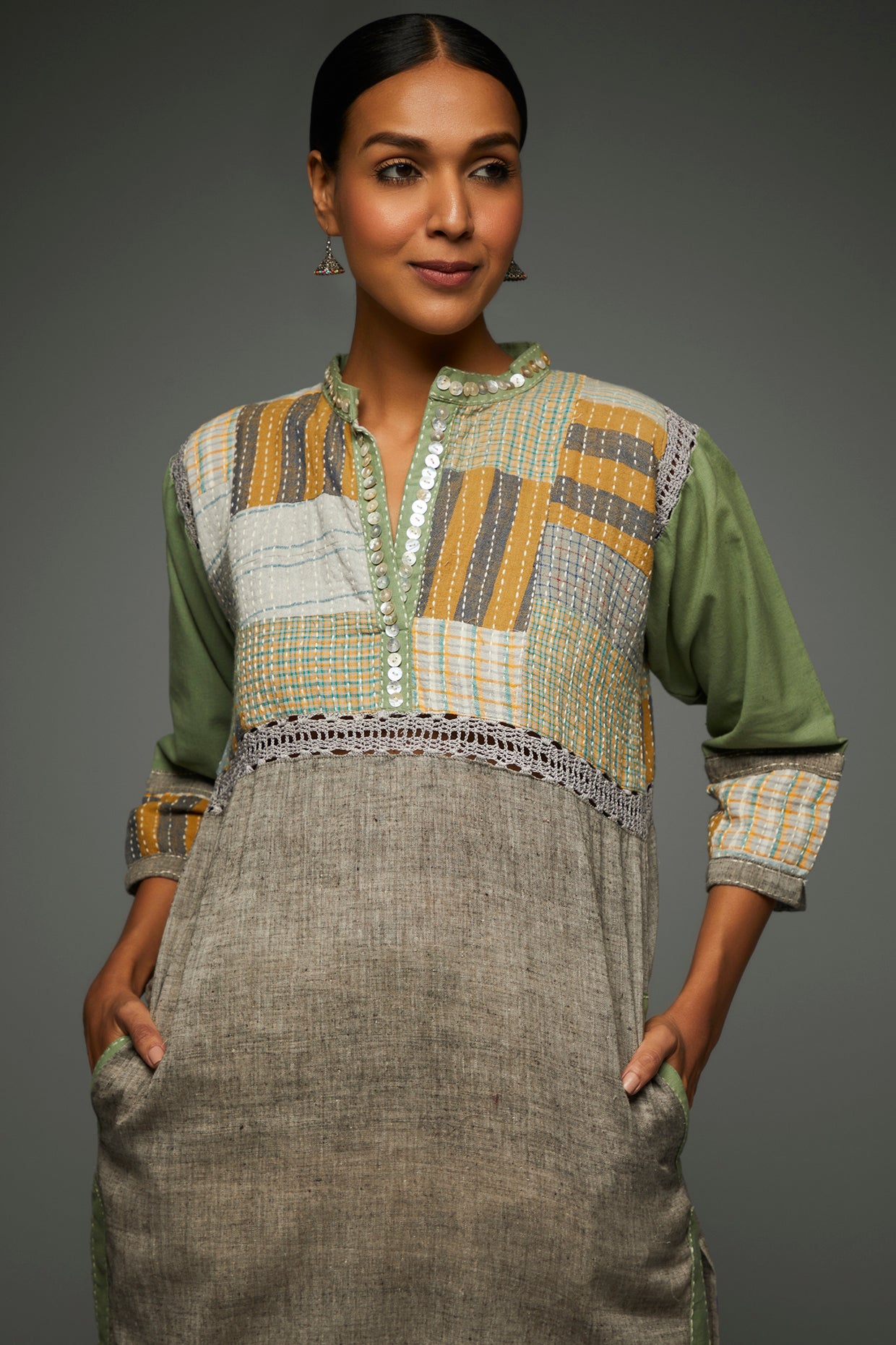 Myra Grey Patchwork Tunic - Front Detail Image