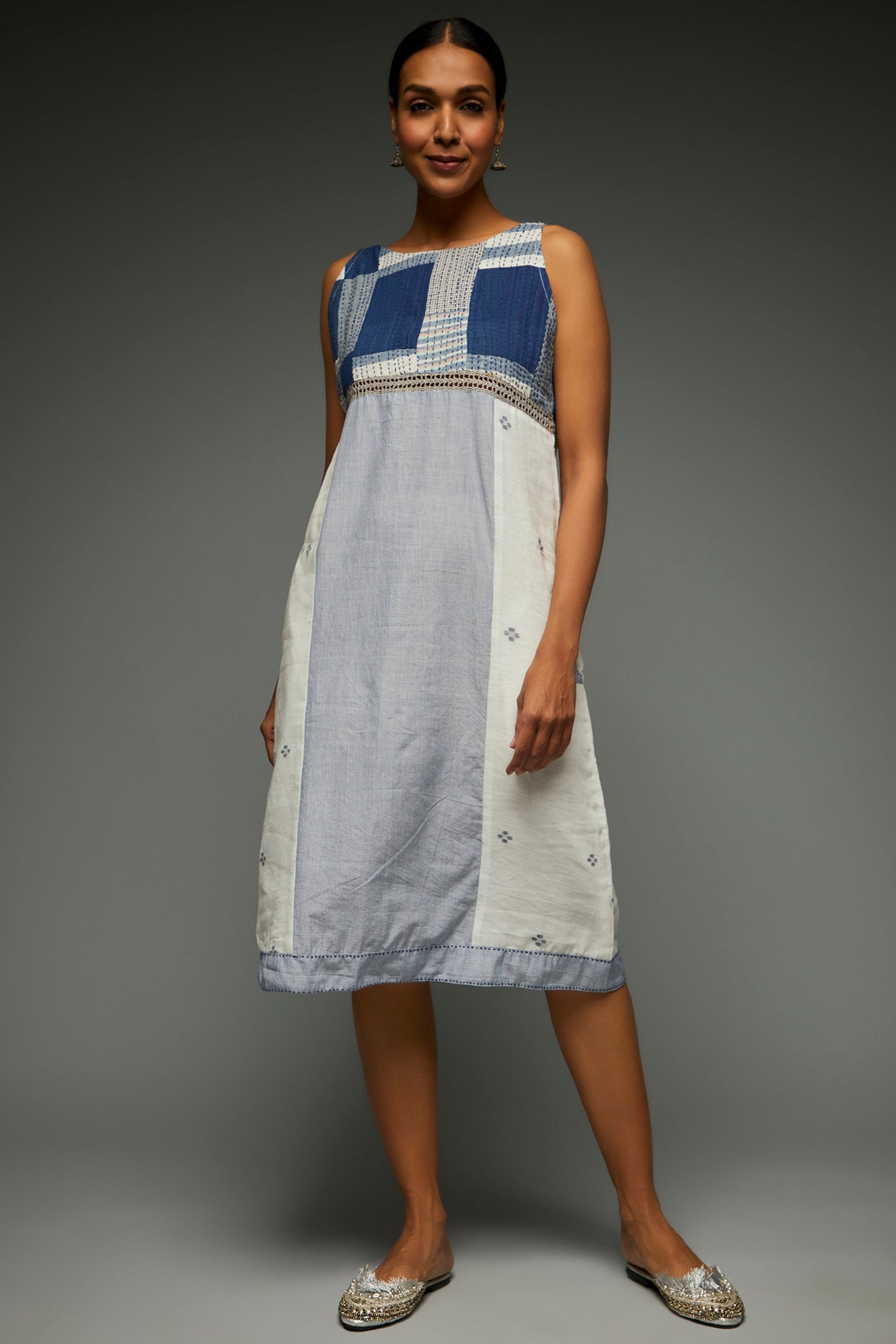 Zoya Ivory Sleeveless Patchwork Dress - Front Image