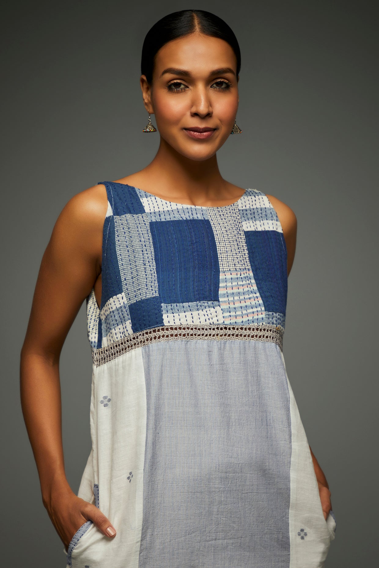 Zoya Ivory Sleeveless Patchwork Dress - Front Detail Image