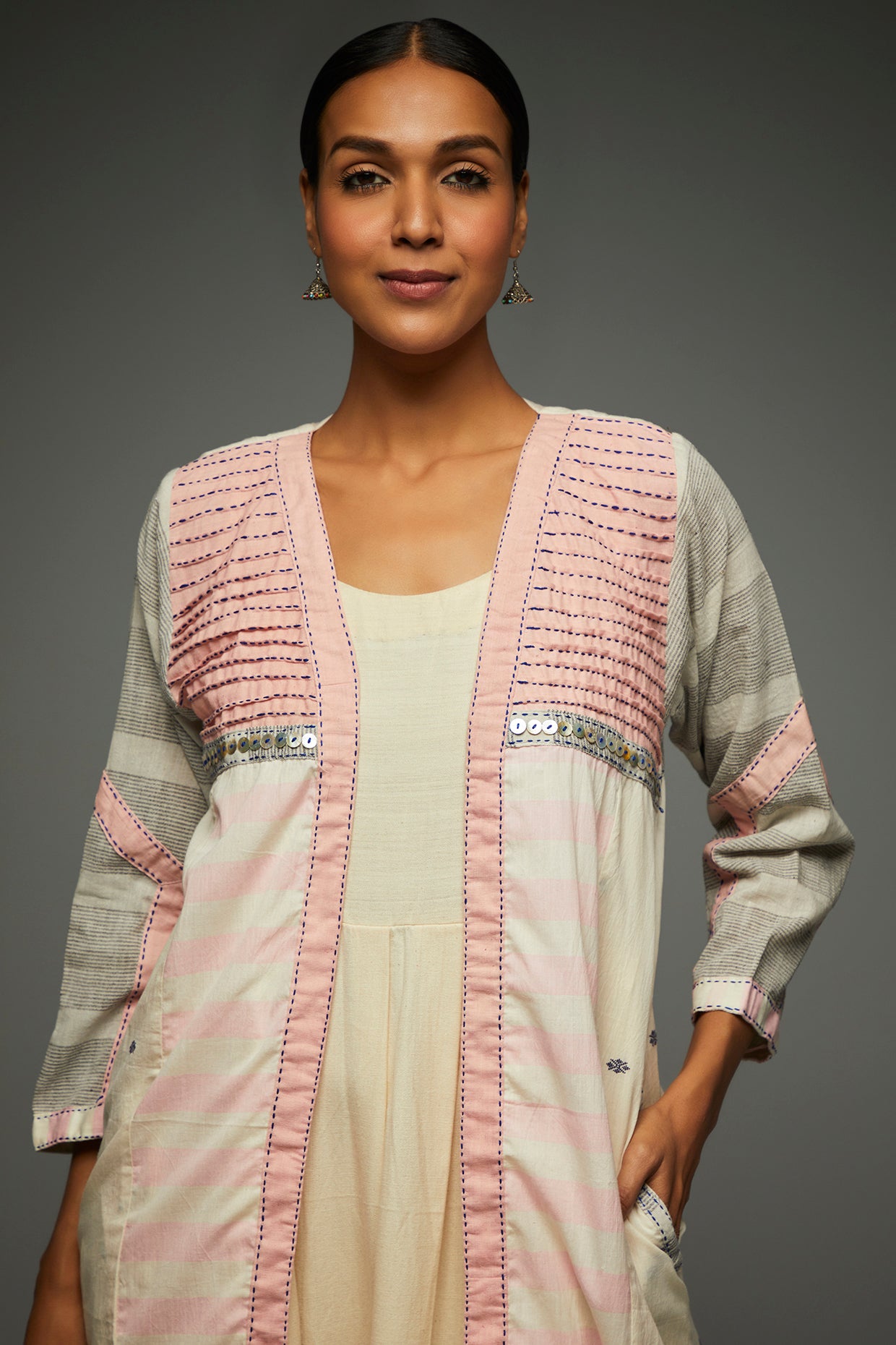 Misha Blush Pink Long Jacket - Front Detail Image