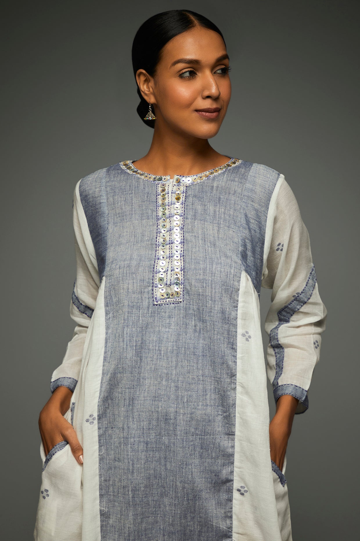 Kiara Jamdani Sky Blue Dress - Front Detail Image