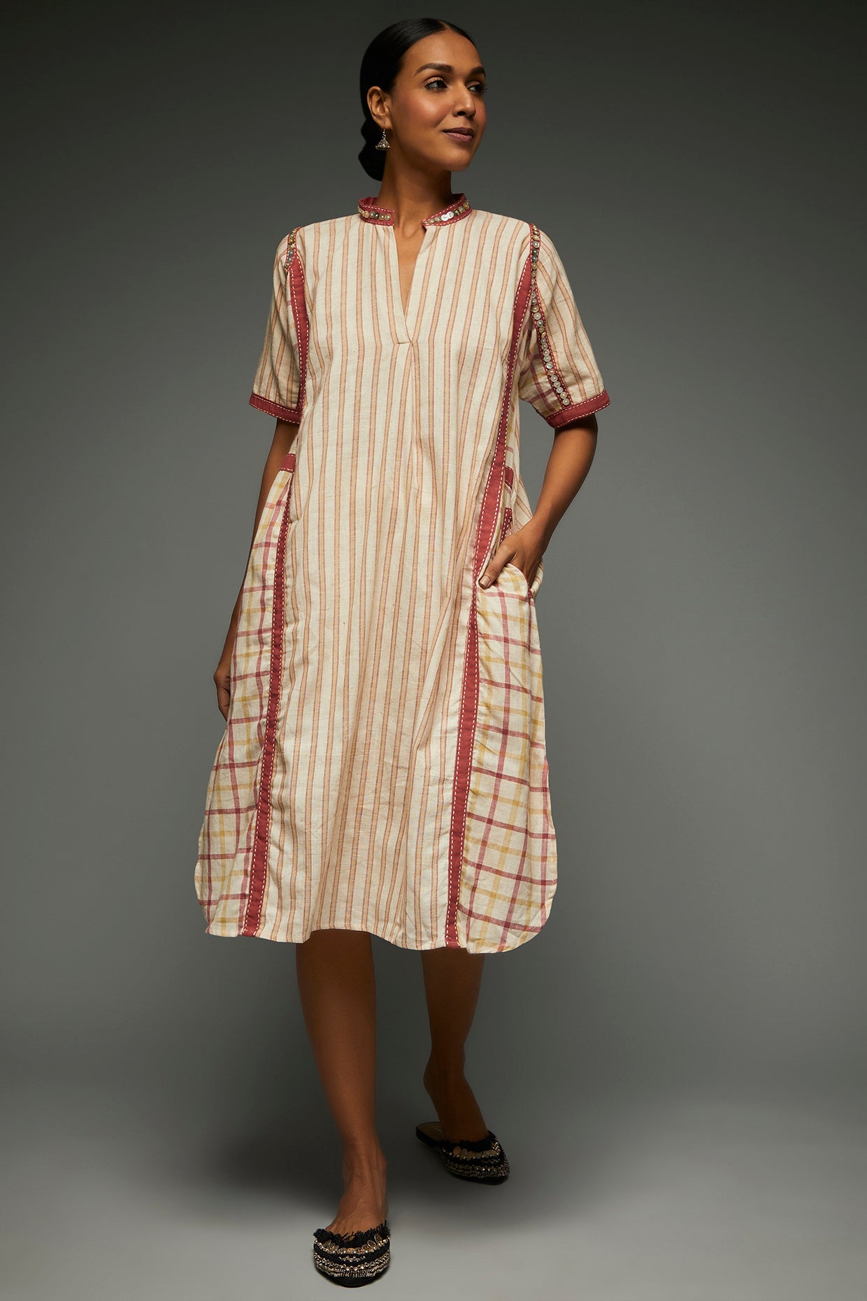 Rumi Striped Beige Dress - Front Image