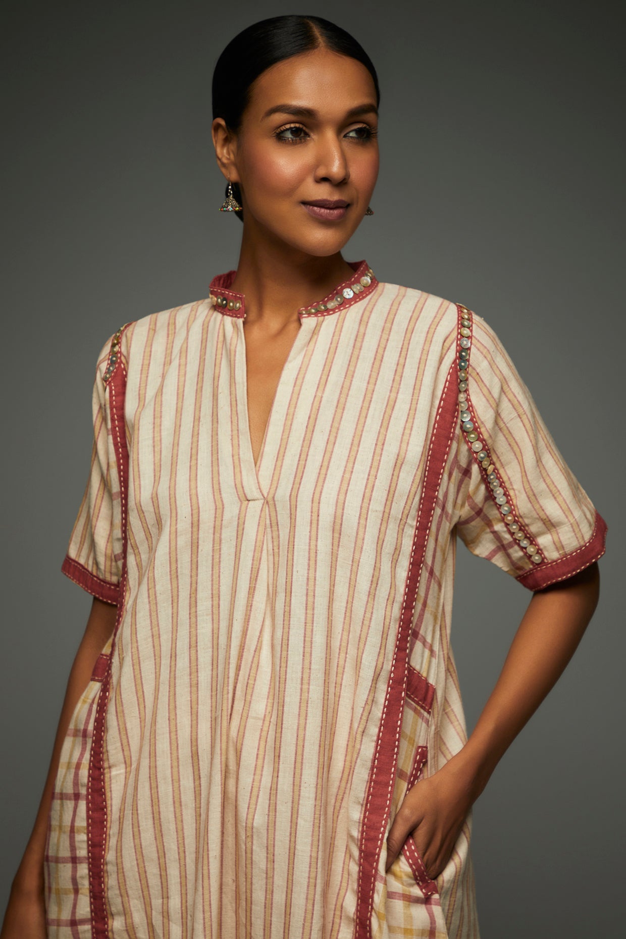 Rumi Striped Beige Dress - Front Detail Image