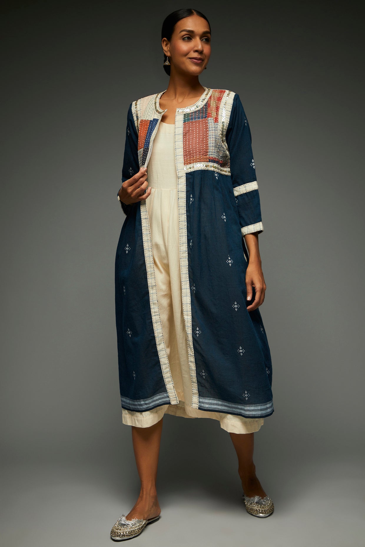 Aadya Cobalt Blue Long Jacket - Front Image