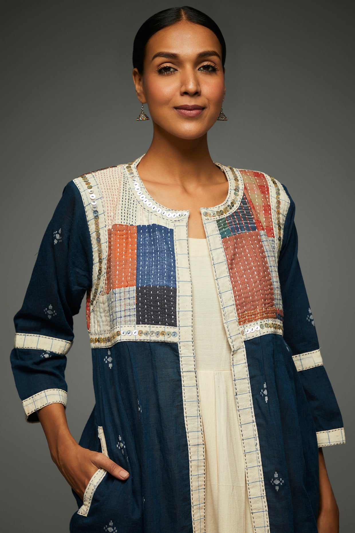 Aadya Cobalt Blue Long Jacket - Front Detail Image