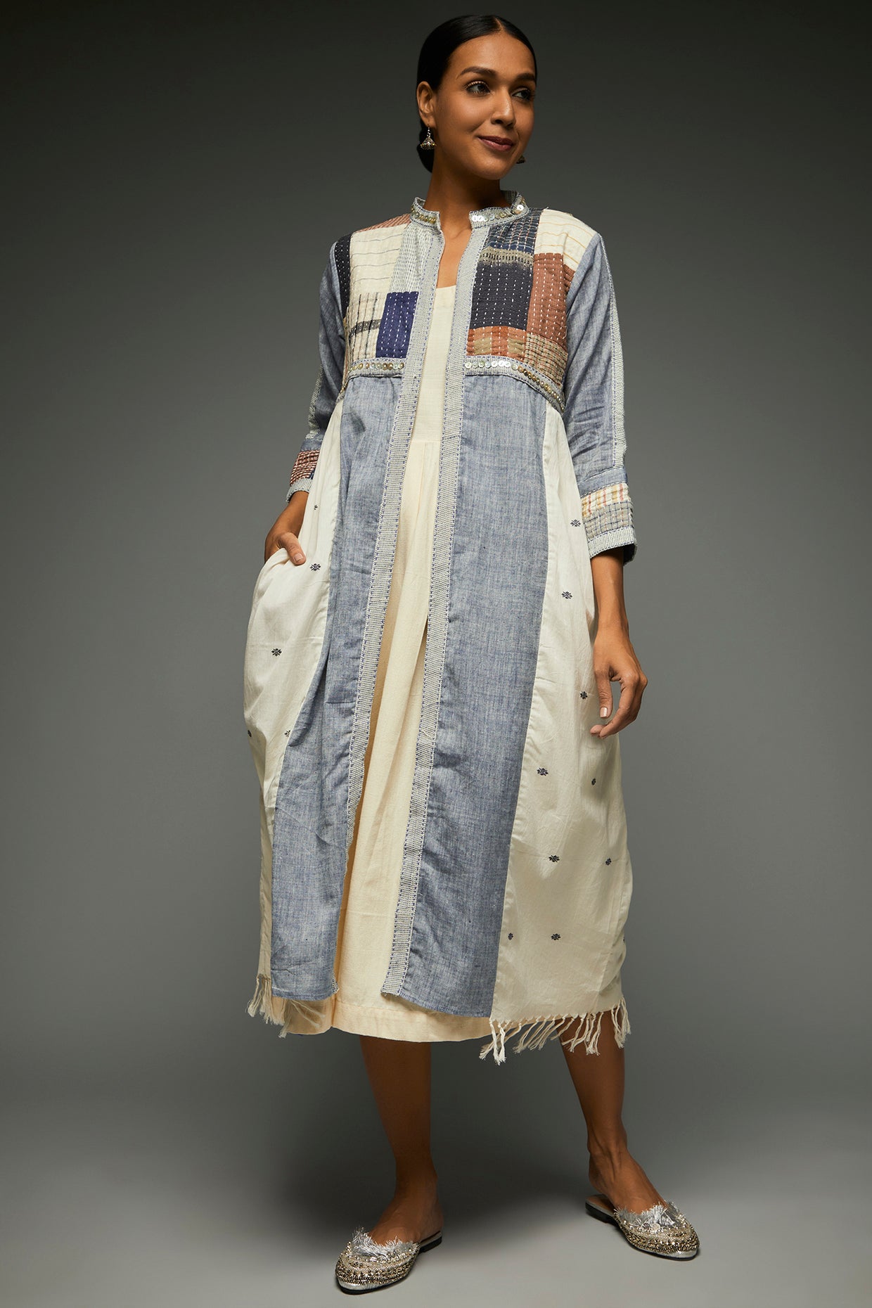 Preesha Sky Blue Patchwork Jacket - Front Image