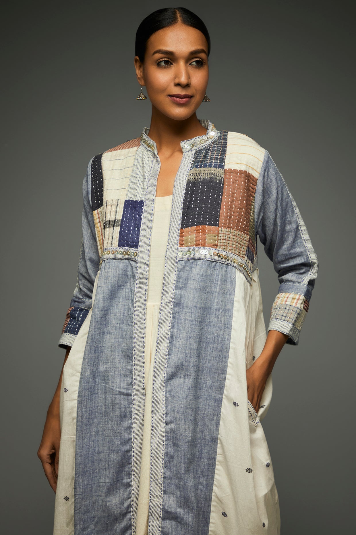 Preesha Sky Blue Patchwork Jacket - Front Detail Image