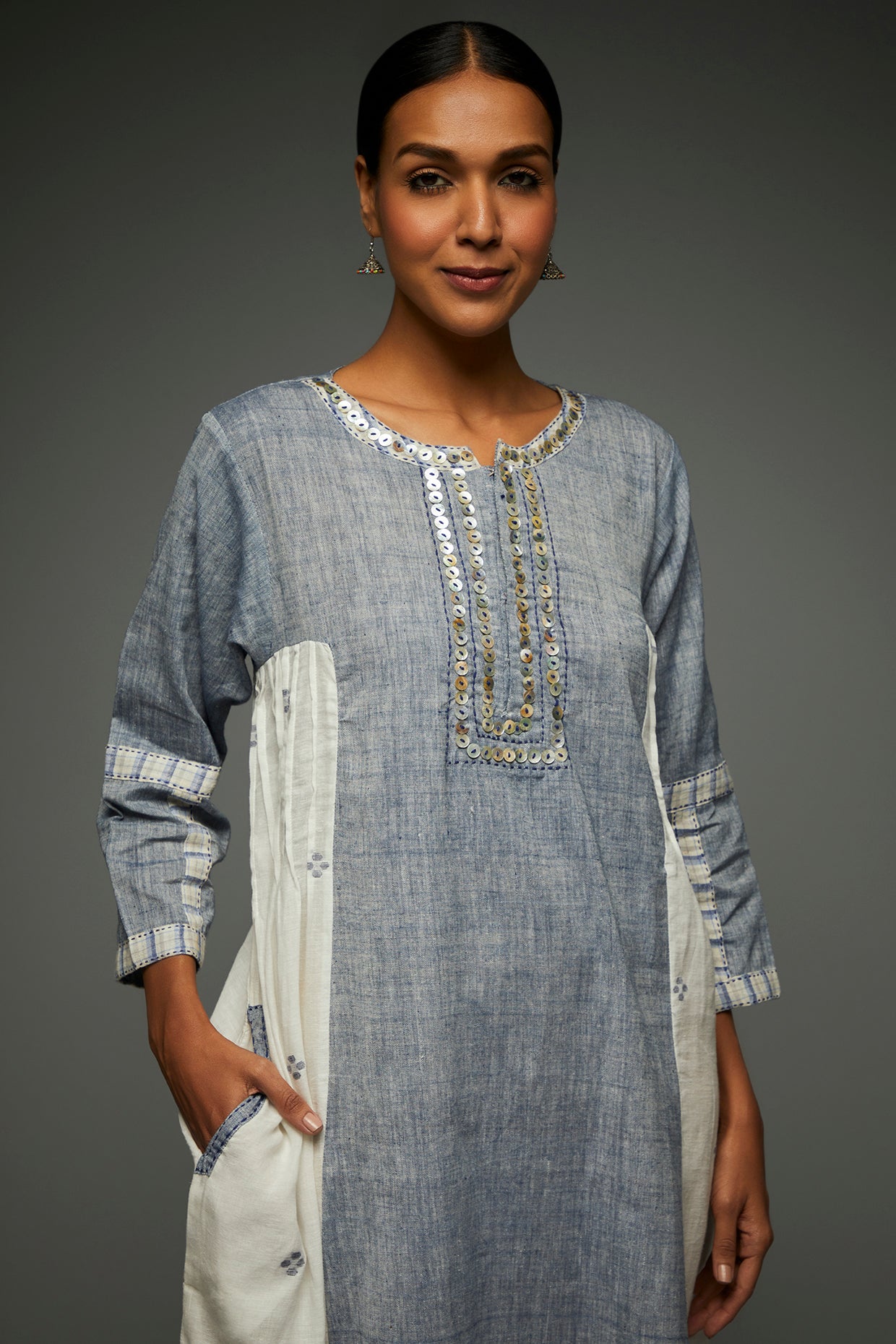 Rayala Jamdani Sky Blue Dress - Front Detail Image