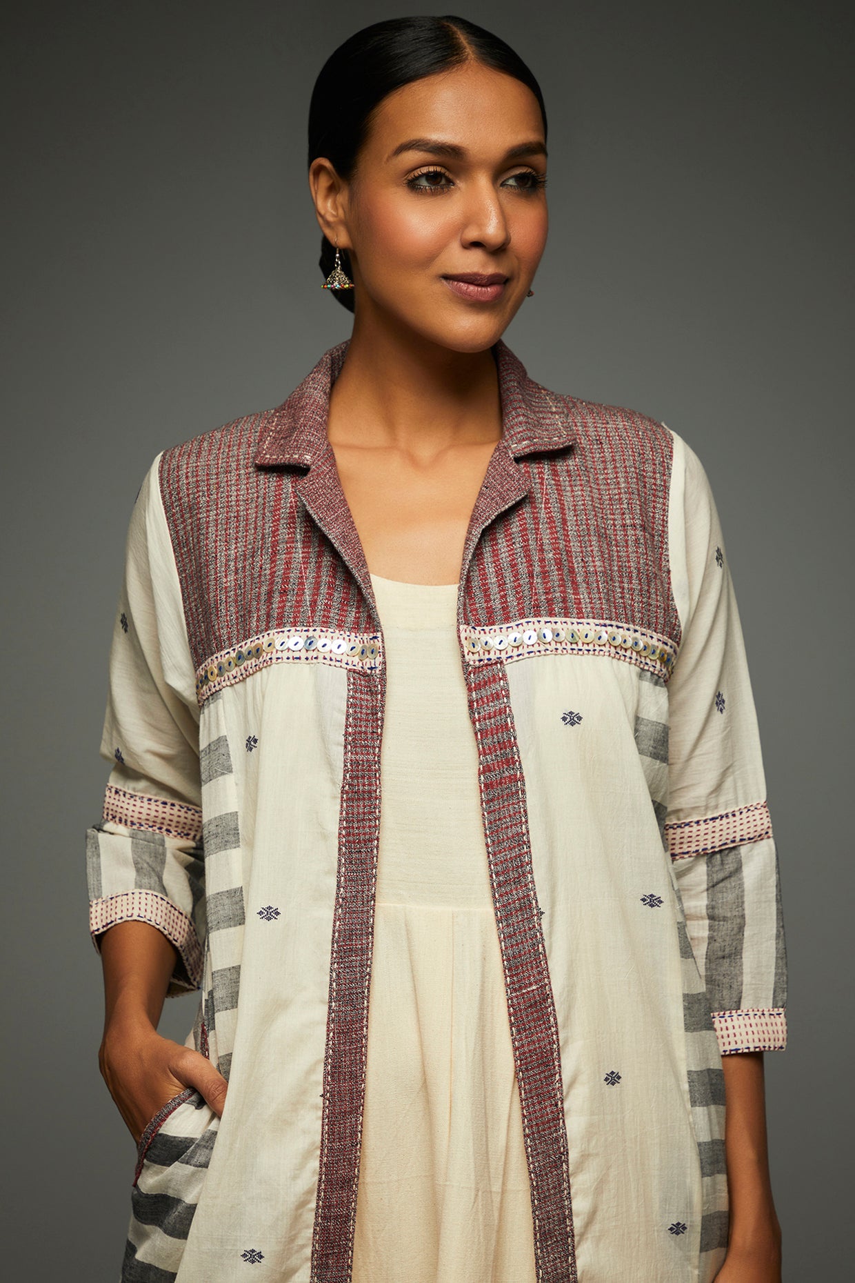 Riona Maroon Long Jacket - Front Detail Image